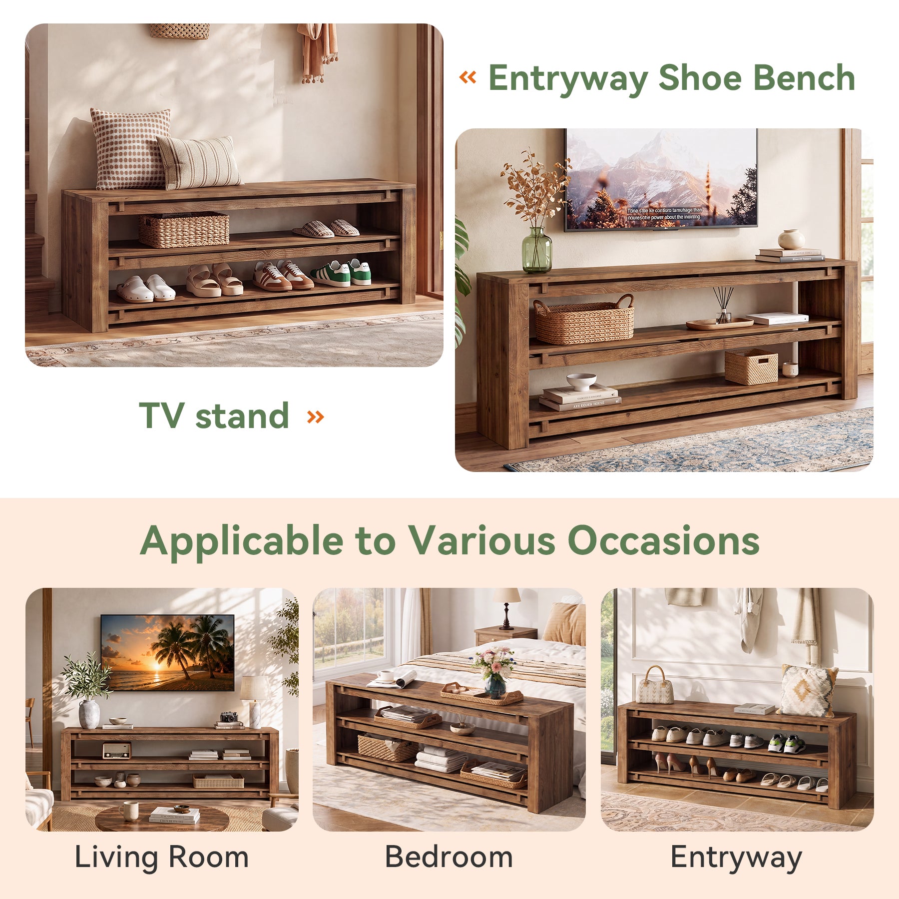63" Solid Wood TV Stand Fits up to 75" Tvs, 3-Tier TV Console with Storage Shelves