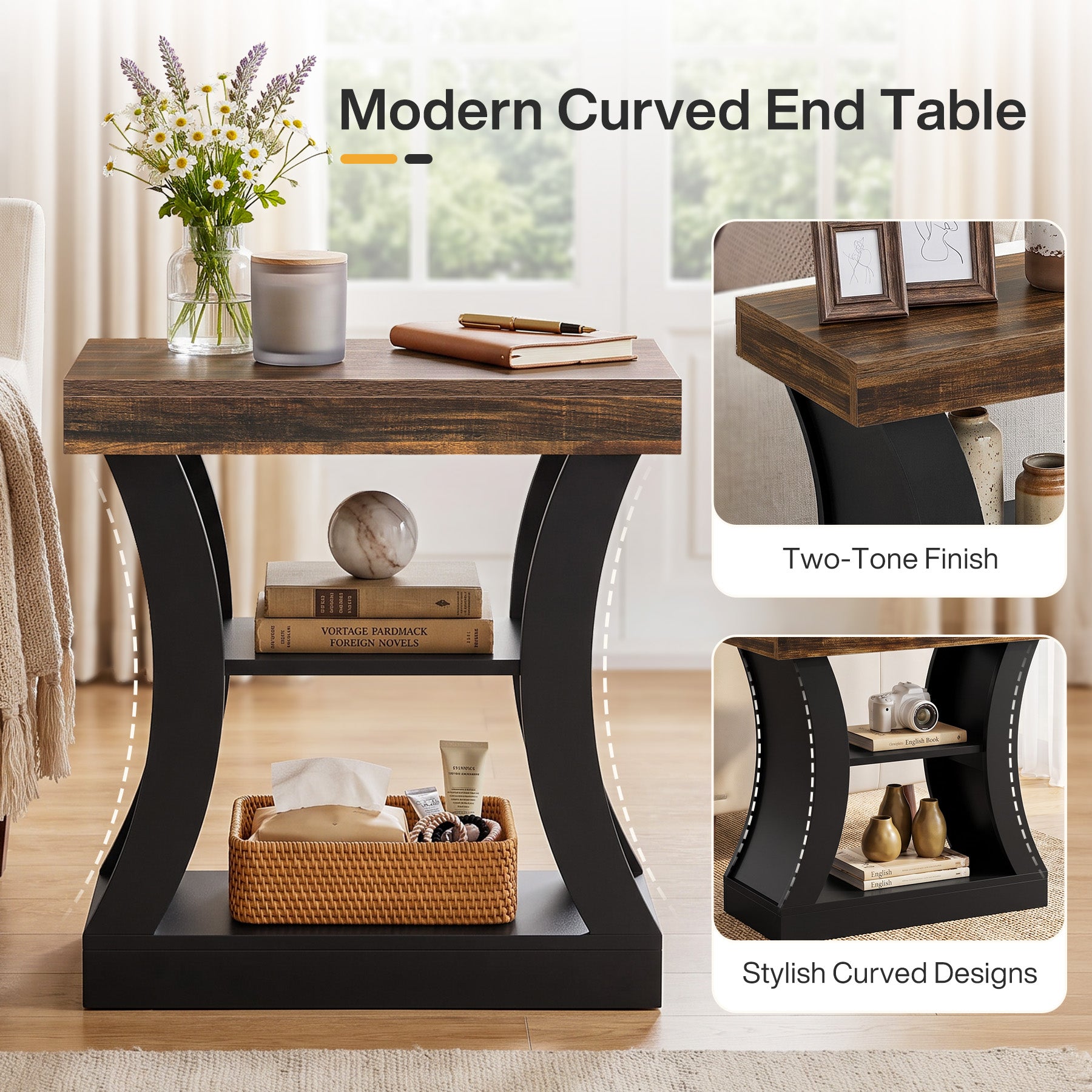 3-Tier End Table with Storage, 23.62" Modern Narrow Side Table for Living Room & Bedroom