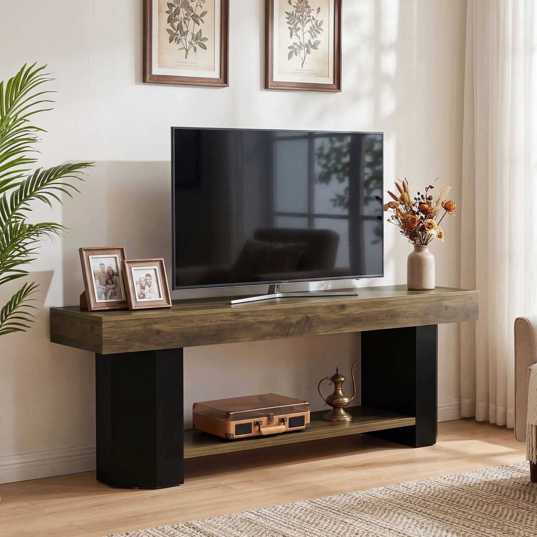 Tribesigns 63" TV Stand, Farmhouse TV Console with Shelf for Living Room