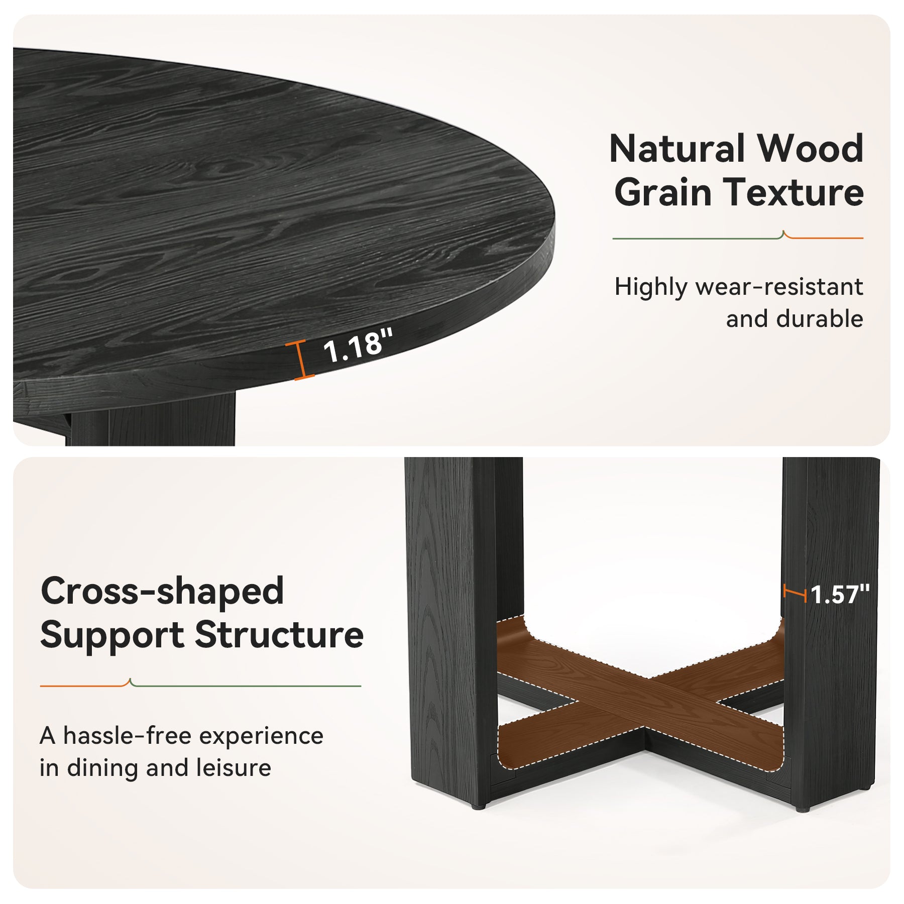 47.24" Round Solid Wood Dining Table, Black Kitchen Table for 4–6 with Cross-Shaped Base