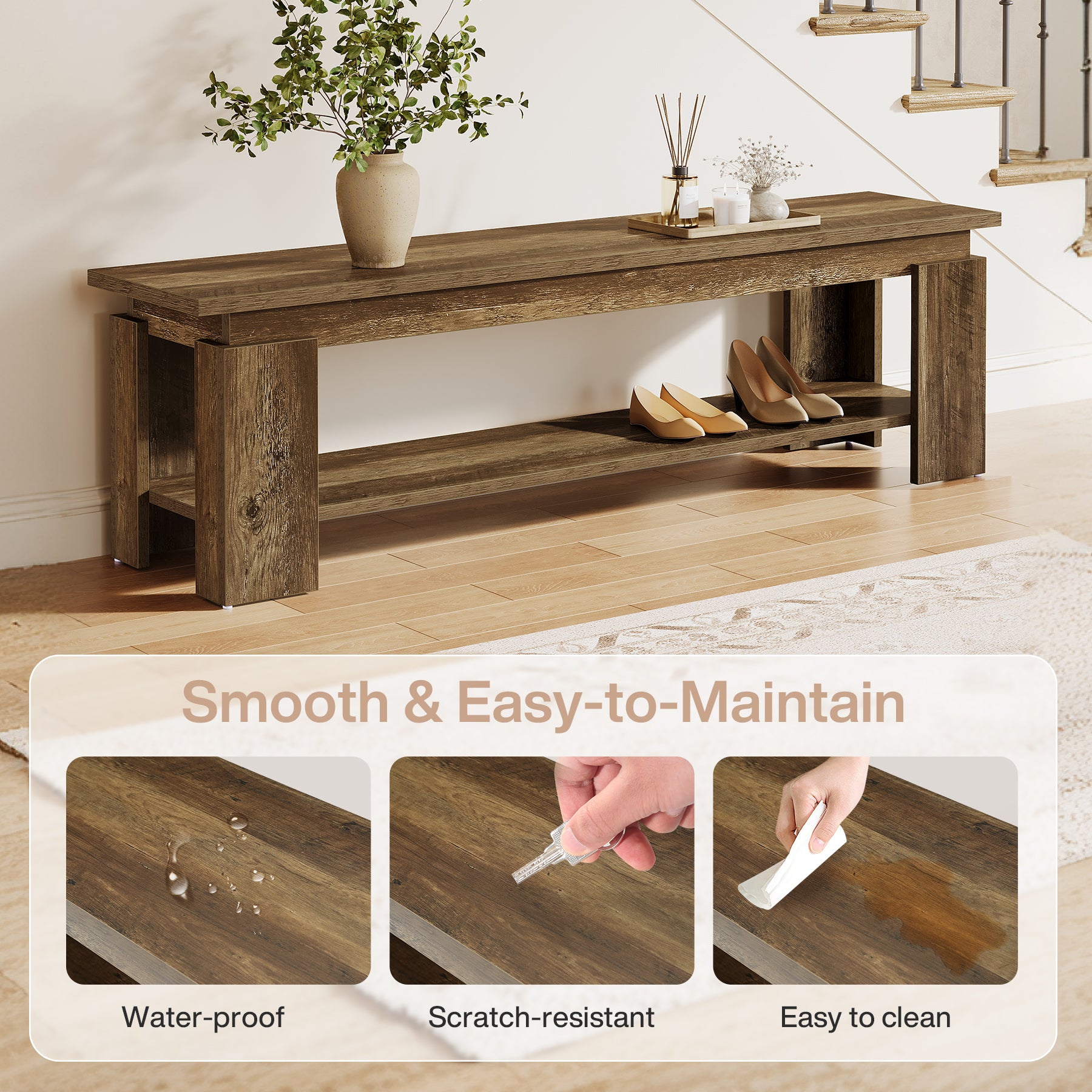 63" Entryway Bench, Farmhouse Shoe Bench End of Bed Bench with Storage Shelf