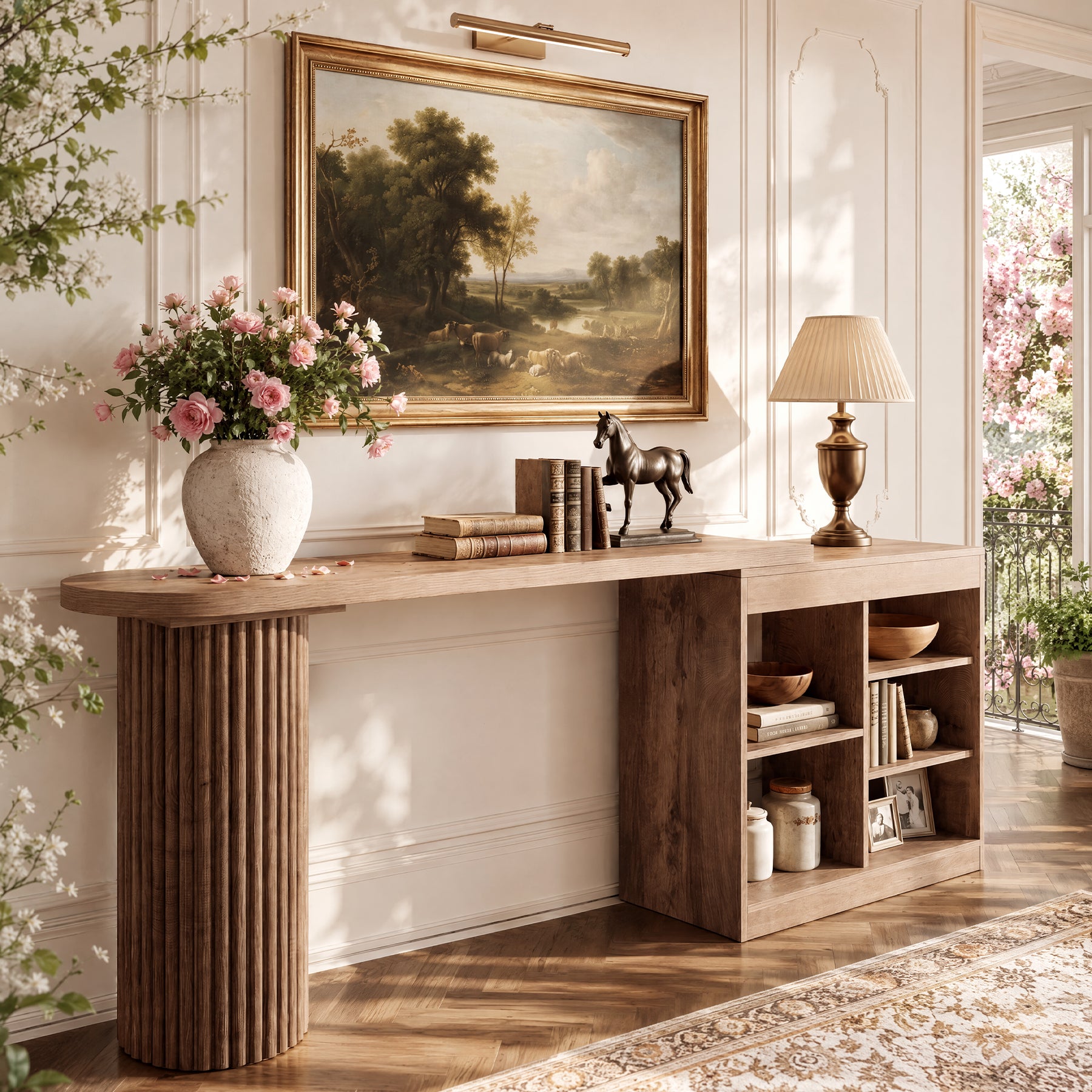 95" Extra-Long Console Table Sofa Table with 360° Rotatable Open Storage Shelves