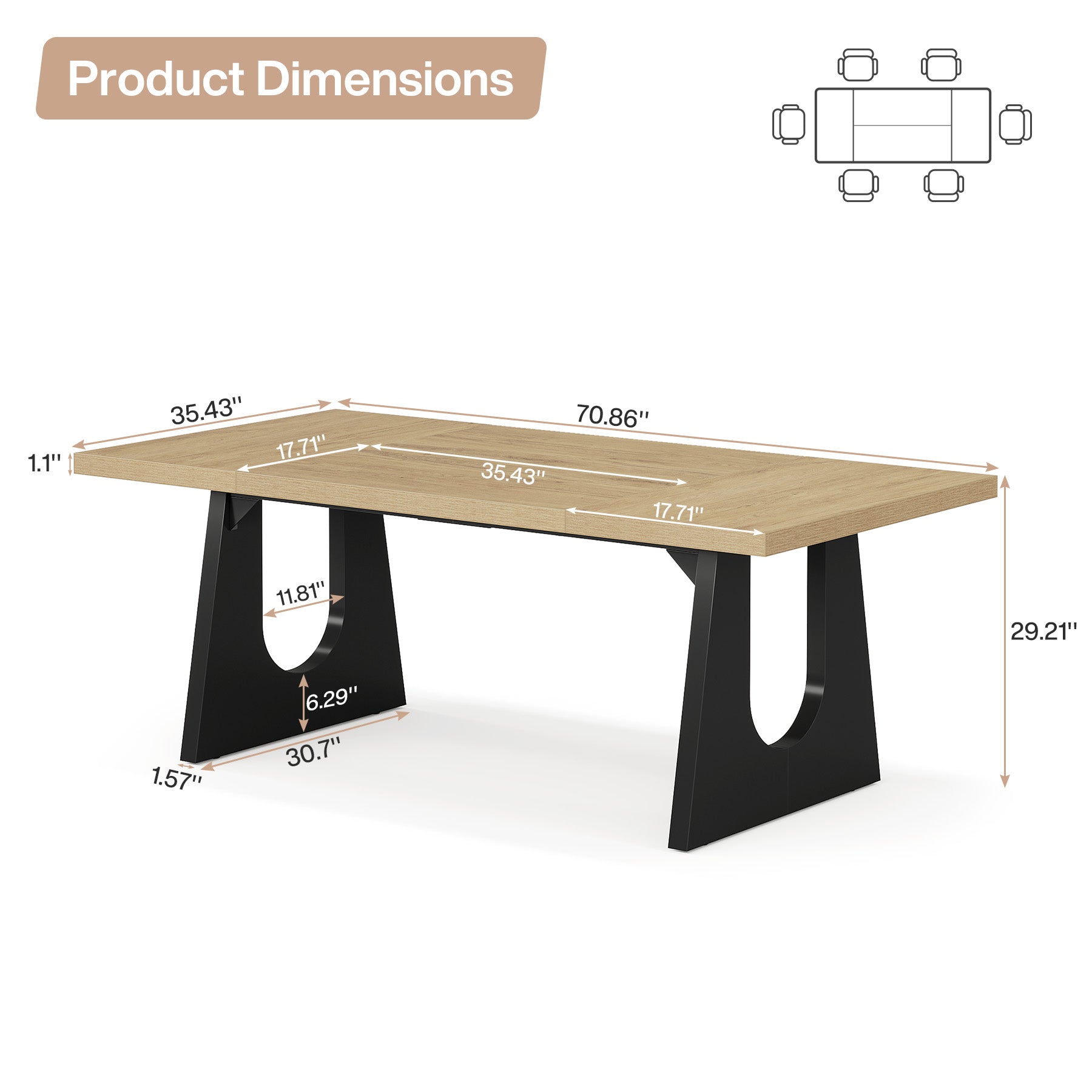 Wood Dining Table, 70" Rectangular Kitchen Table for 6-8 People