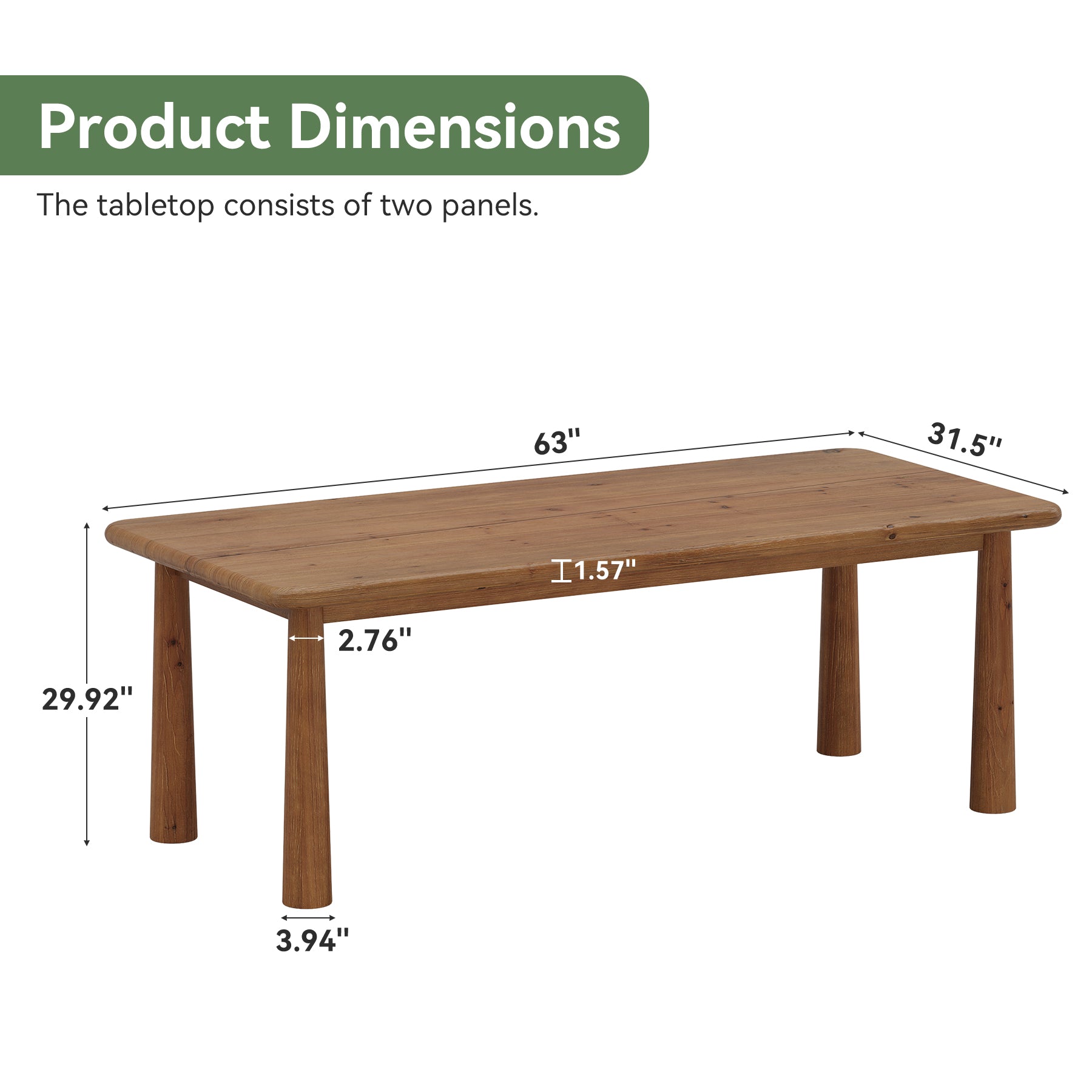63" Executive Desk, Solid Wood Office Computer Desk with Heavy Duty Legs