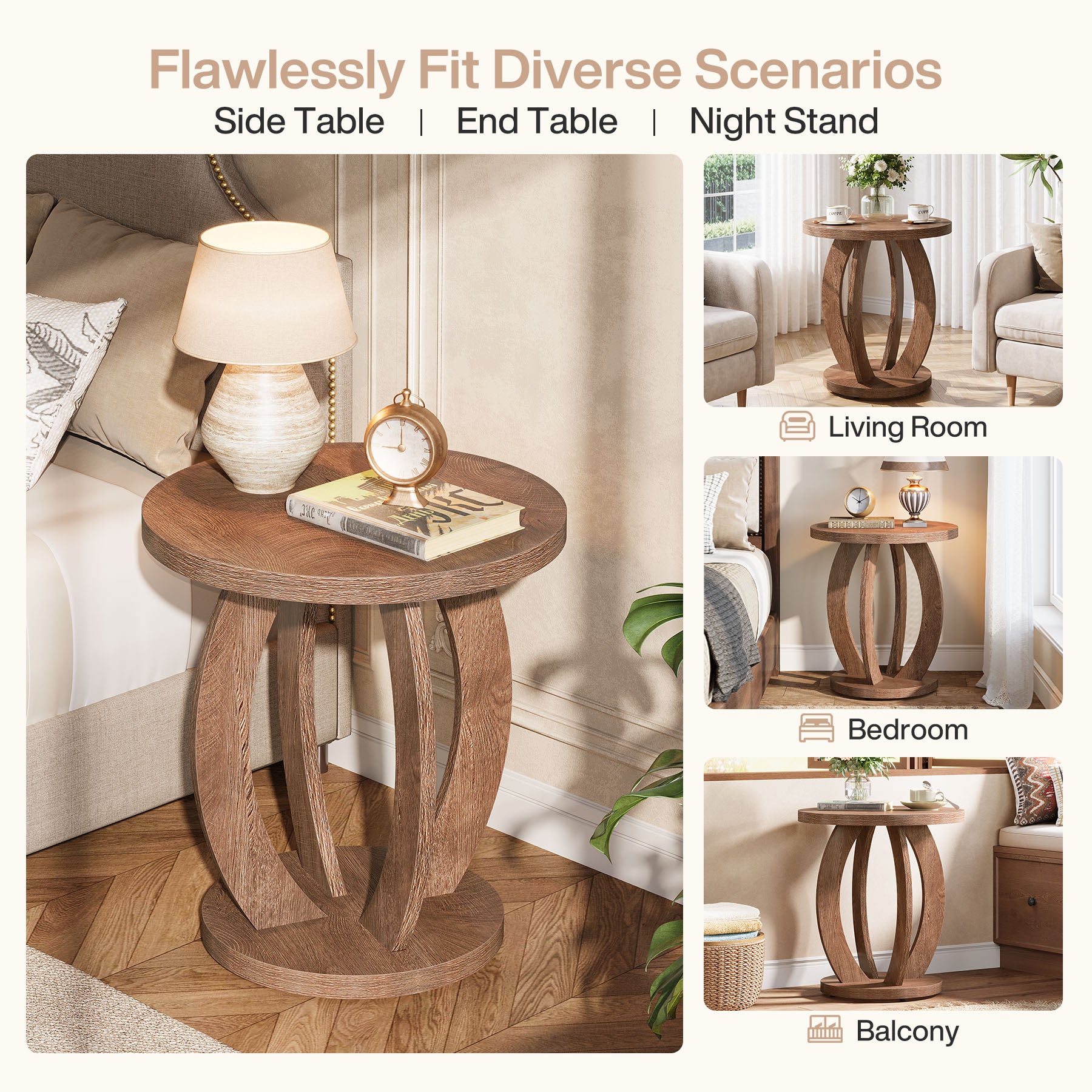 Round Nightstand with Storage, Large Bedside Table for Bedroom