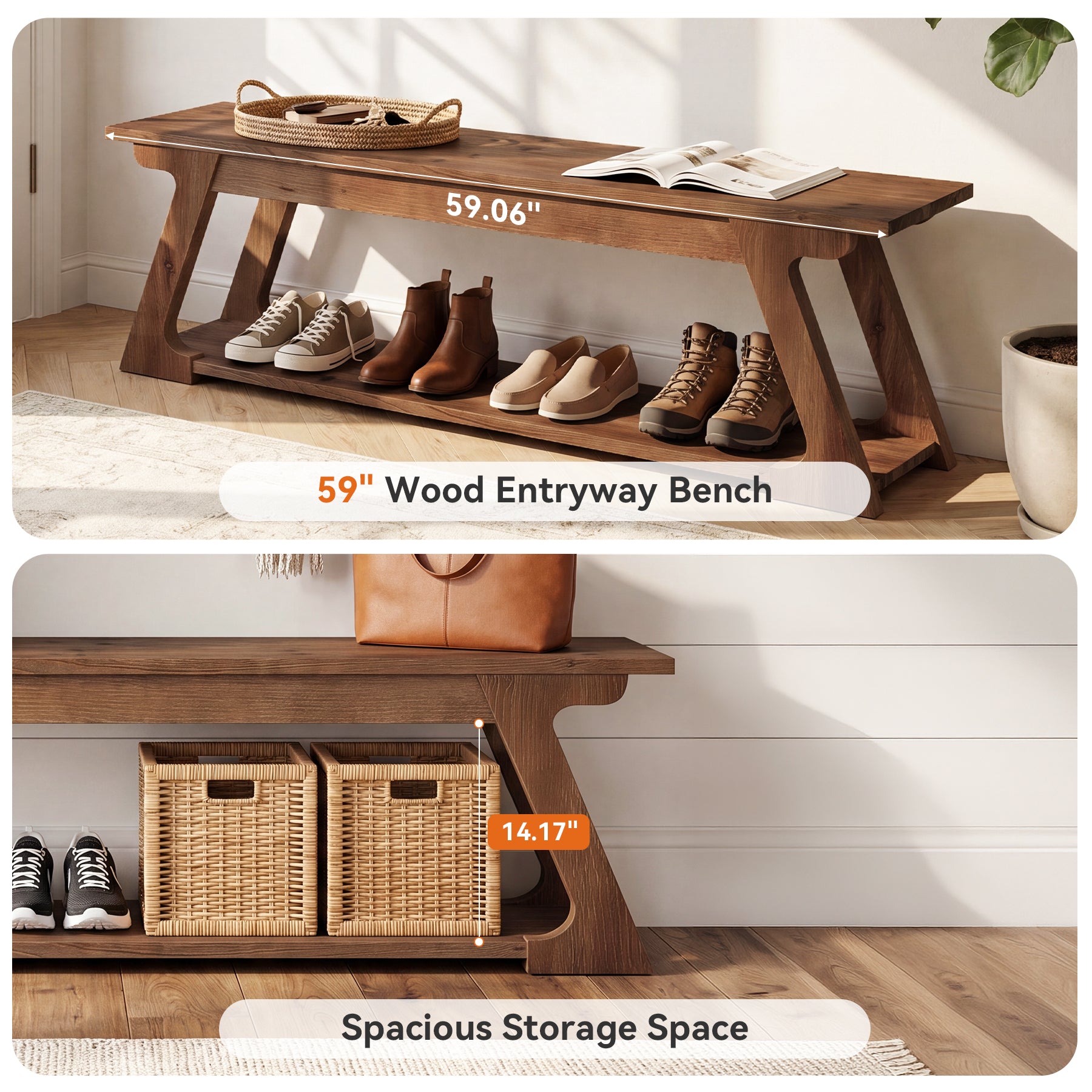 59" Solid Wood Entryway Bench, End of Bed Bench with Trapezoidal-Shaped Leg