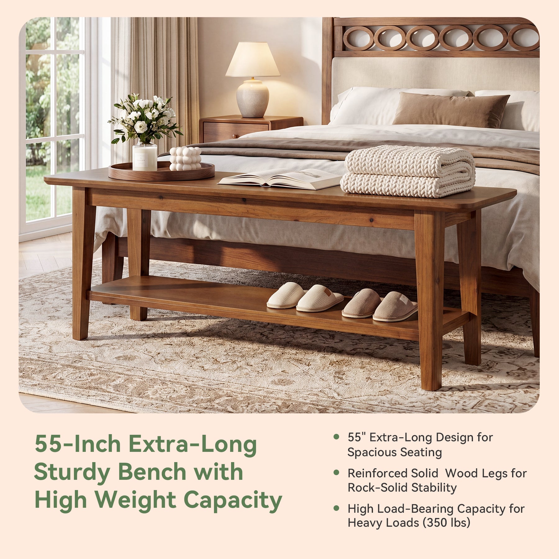 55" Solid Wood Entryway Bench, Farmhouse Shoe Storage Bench With Shelf For Hallway