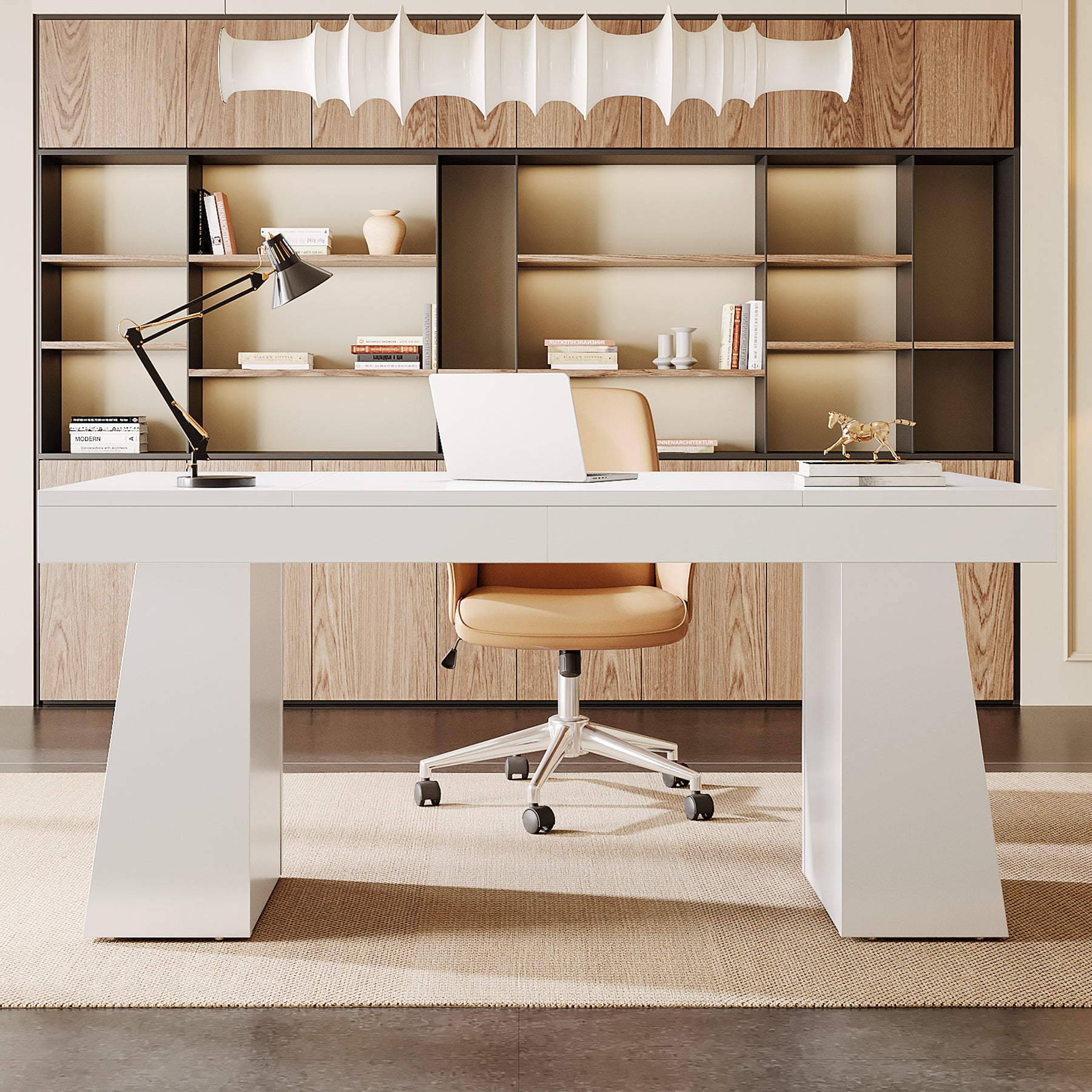 55" Executive Office Desk with Double Trapezoid Base, Modern Wooden Computer Desk for Home Office