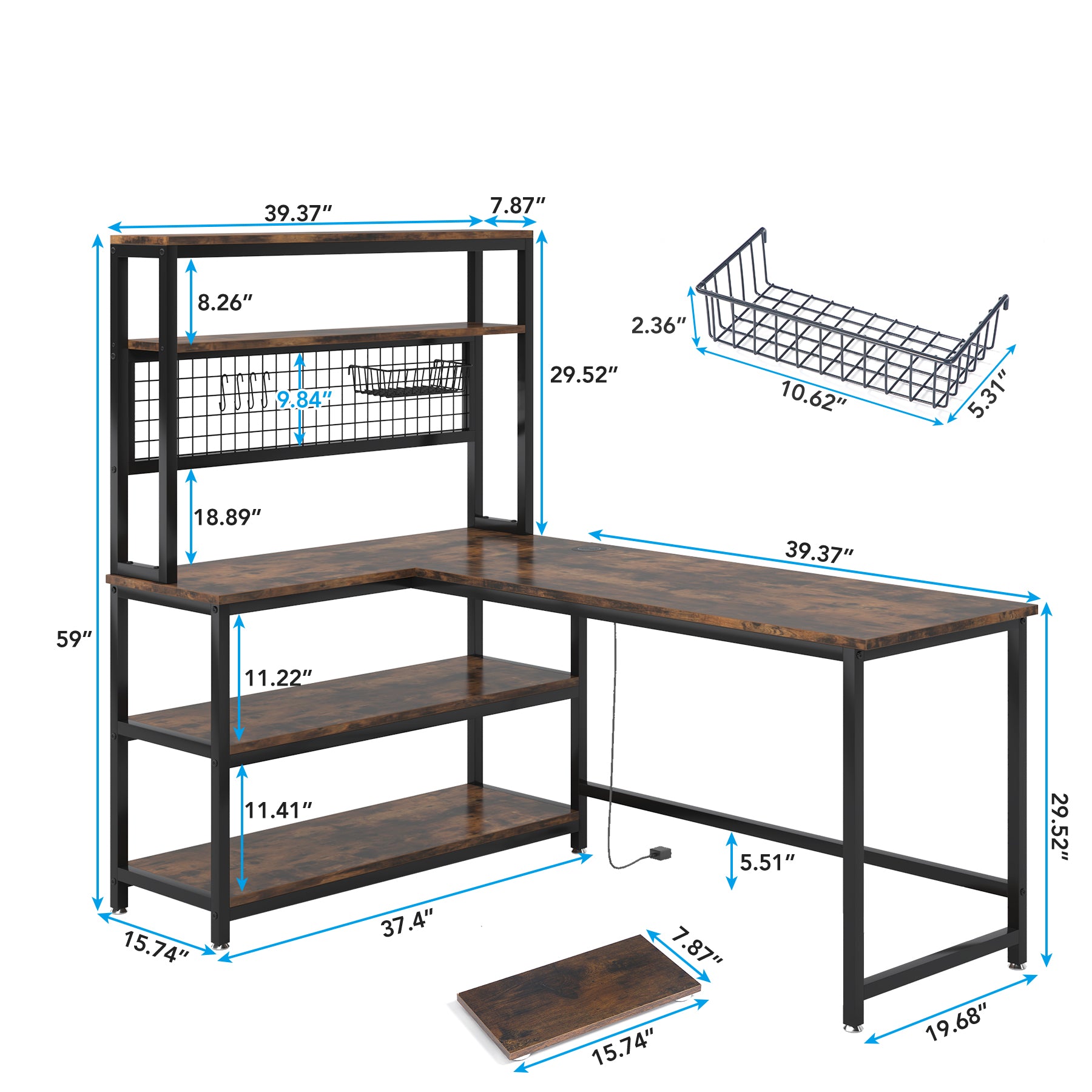 Reversible L-Shaped Desk, 55" Computer Desk with Wireless Charging & Shelves