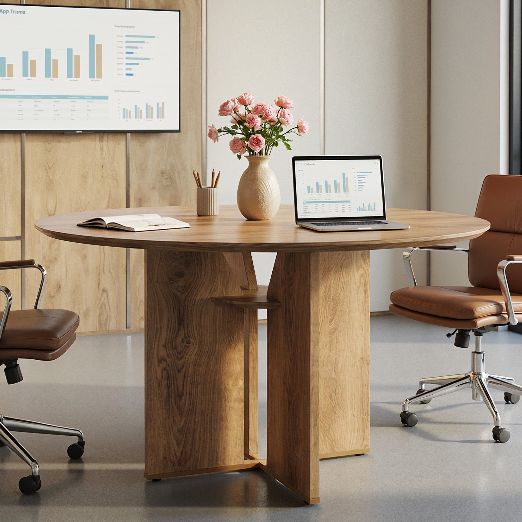 39.37" Conference Table for 4, Round Office Table with Lower Storage Shelf