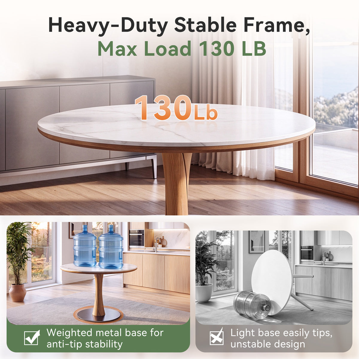 35" Round Dining Table for 2-4, Sintered Stone Top, Rubberwood Pillar & Steel Base