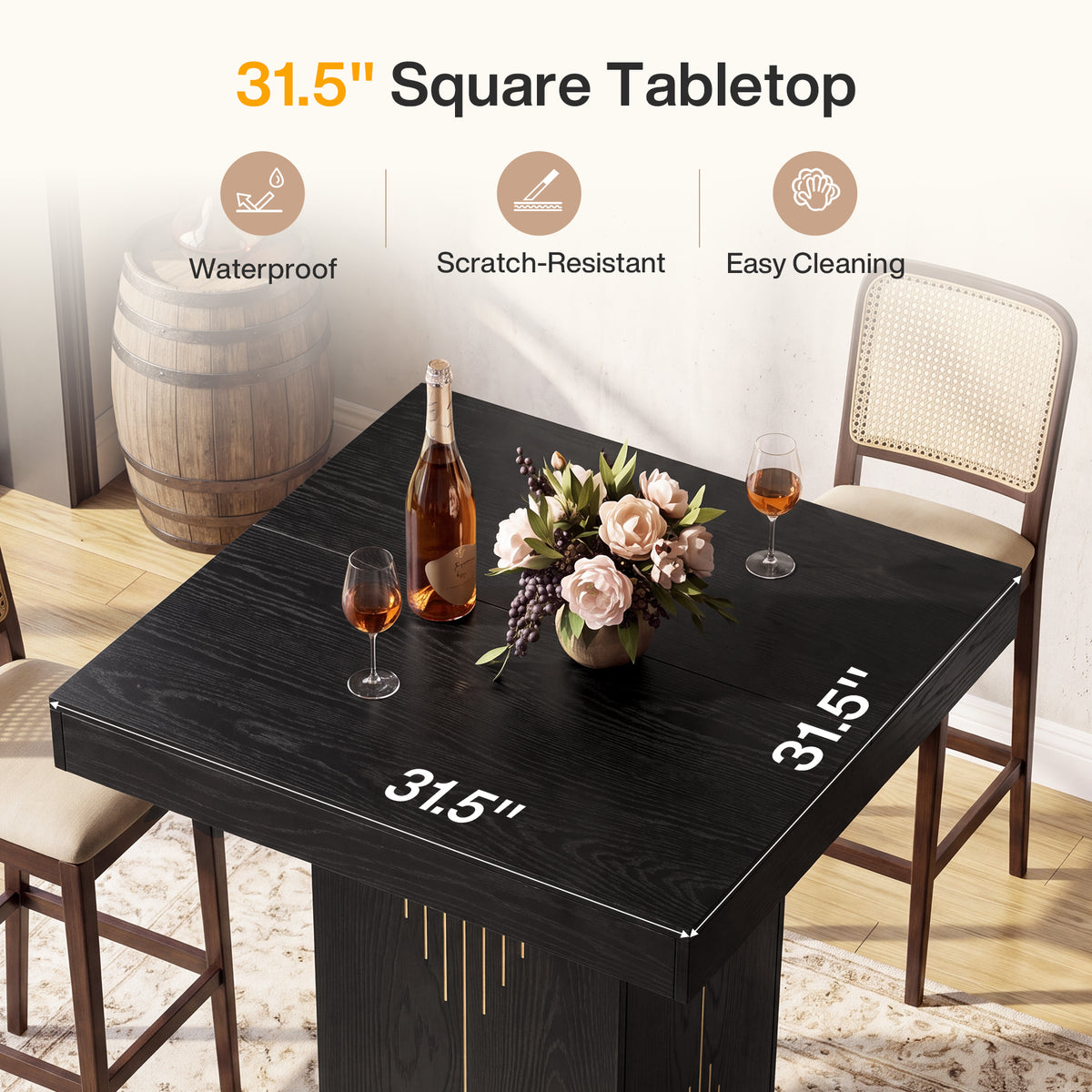 32" Square High Top Bar Table, Modern Small Kitchen & Dining Room Table
