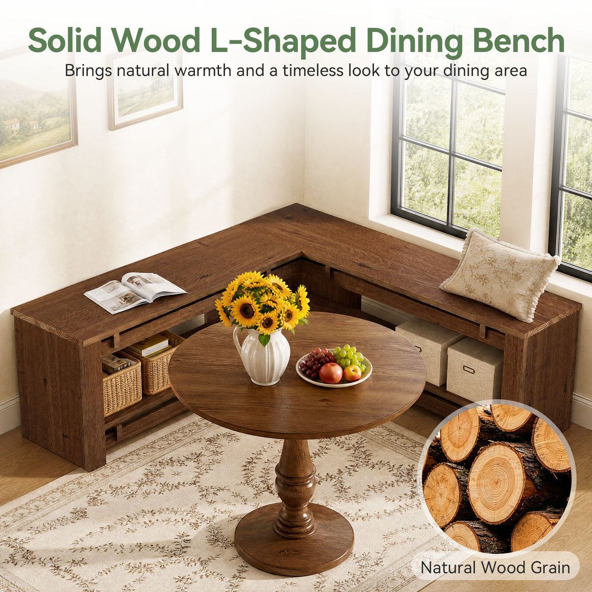 47" L-Shaped Corner Dining Bench, Rustic Solid Wood Breakfast Nook Bench with Shelf