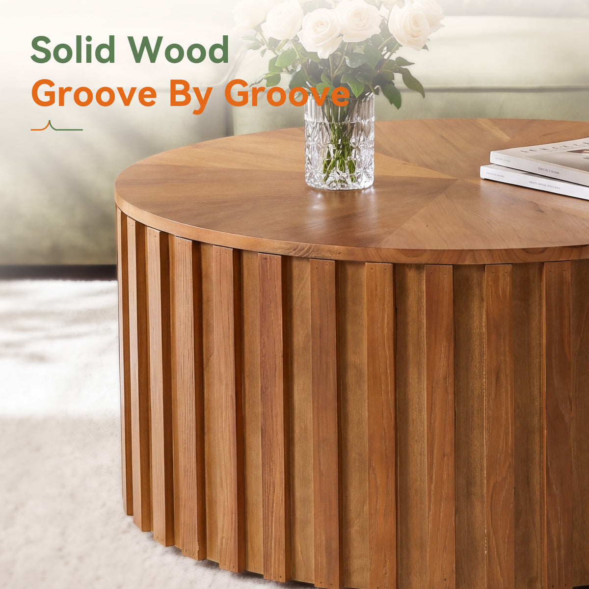 Solid Wood Round Coffee Table, 31.5" Fluted Drum Tea Table with Hidden Storage, No Assembly