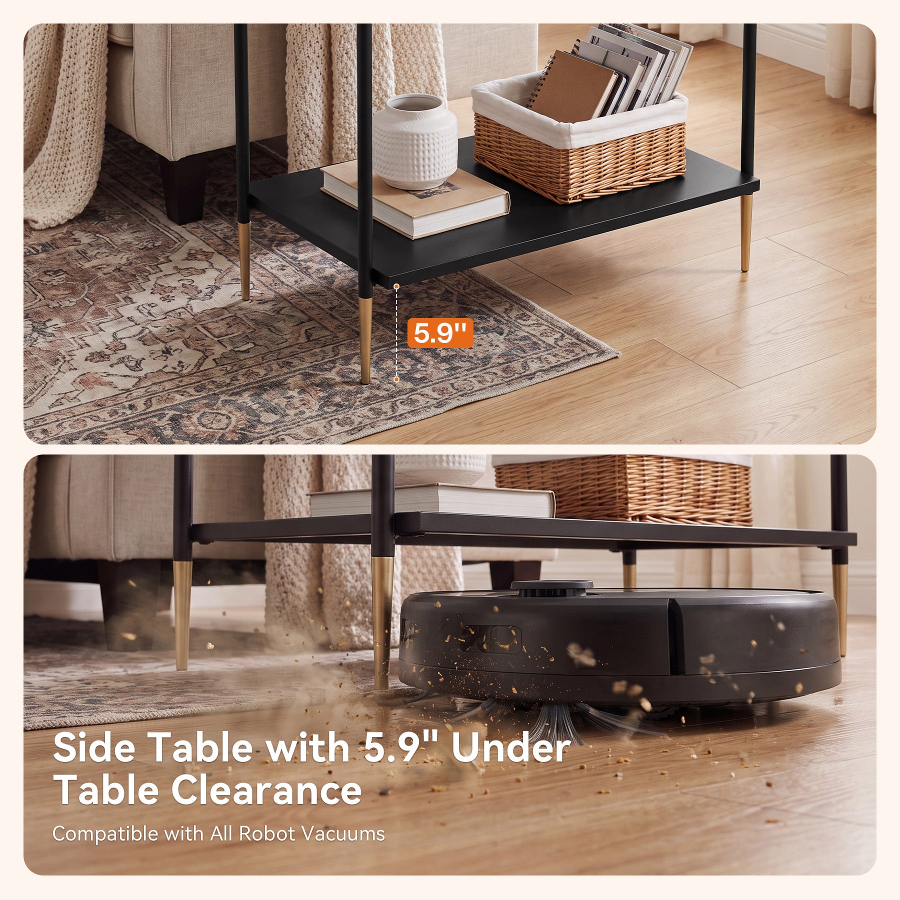 27.5" 2-Tier End Table with Storage Shelf, Solid Wood Side Table for Living Room