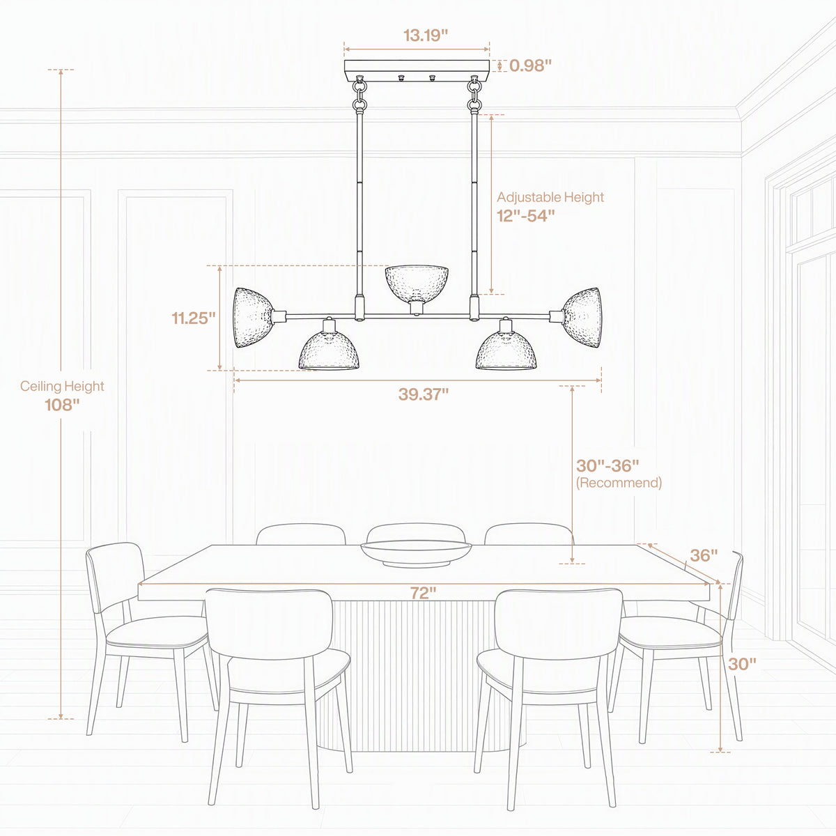 5-Light 39" Black Linear Chandelier, Modern Smoke Gray Glass Pendant Light