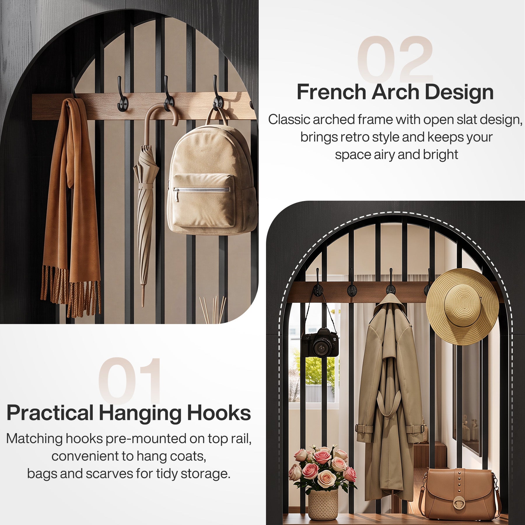 71" Arched Wall Room Divider, Modern Room Partition Privacy Screen with Hooks & Shelves