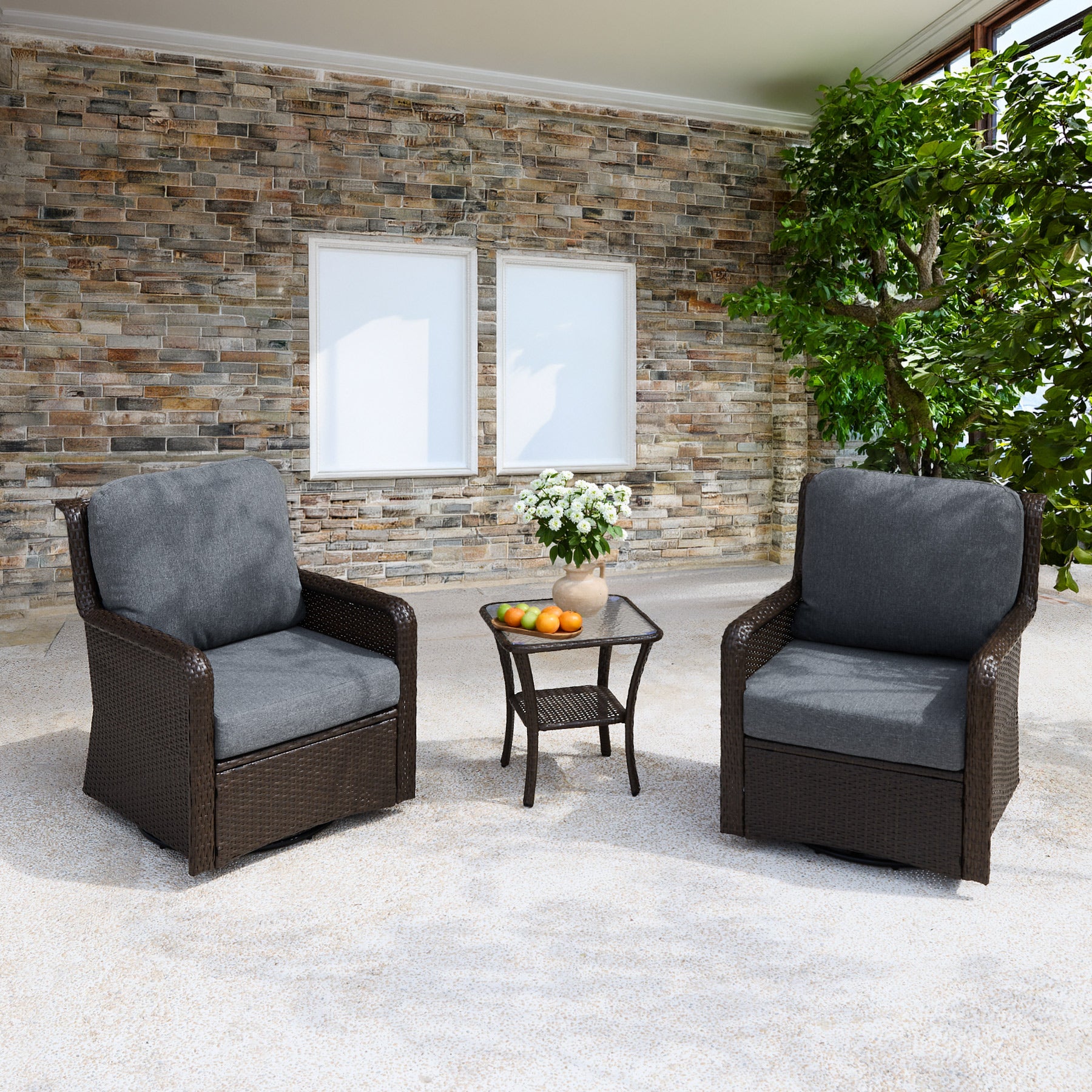 3-Piece Patio Furniture Set, Outdoor Wicker Swivel Chairs Bistro Sets