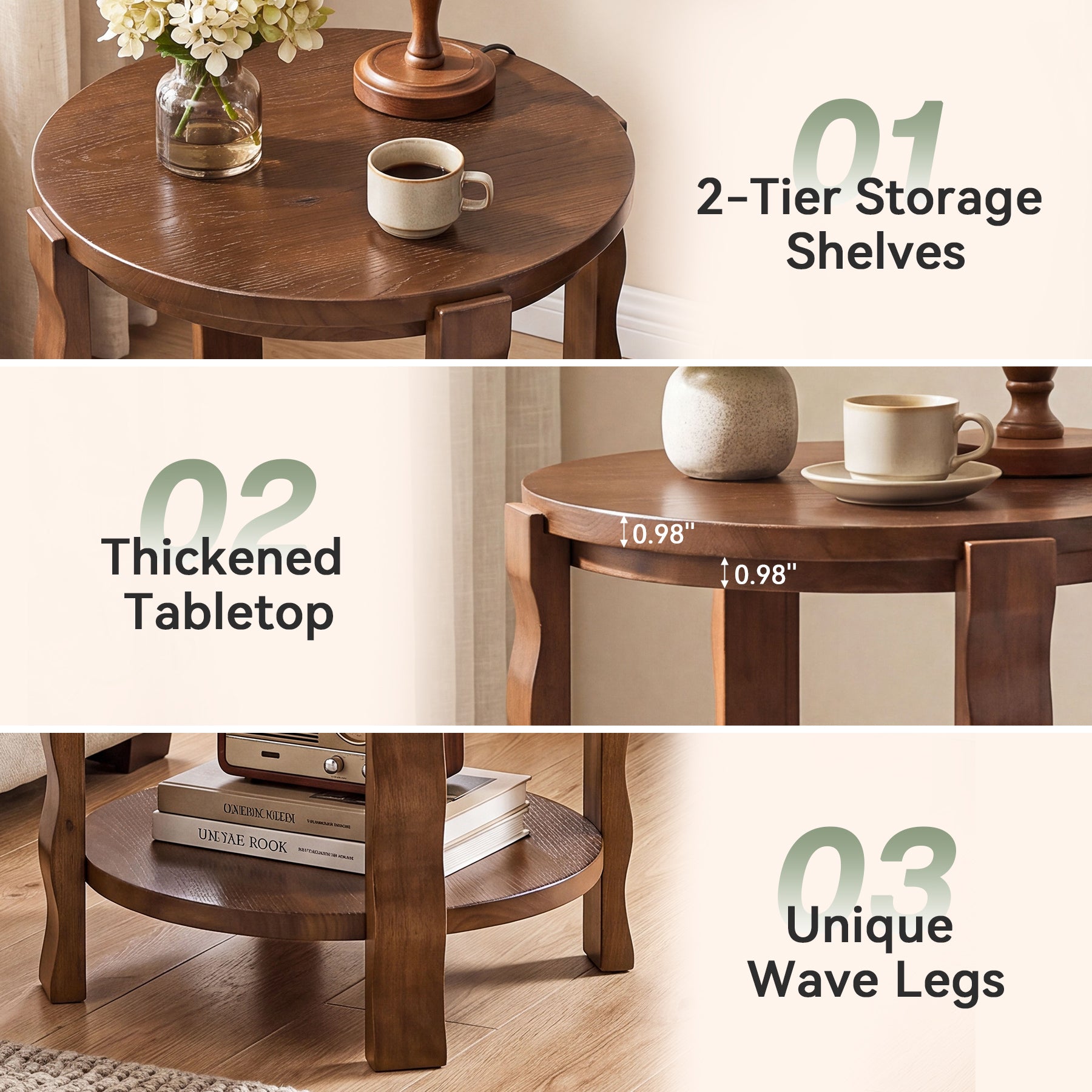 2-Tier Round Side Table, Wood End Table with Storage Shelf for Living Room
