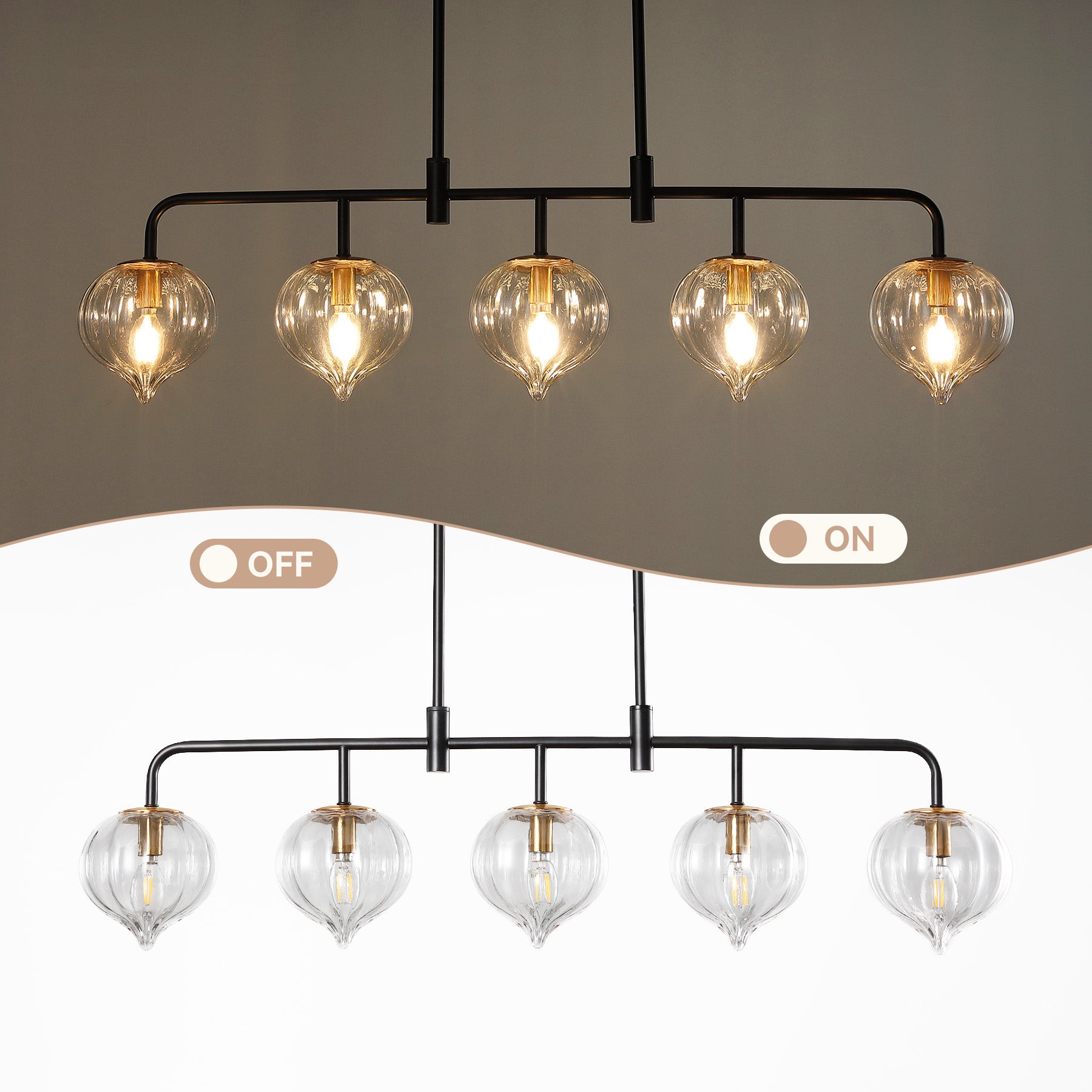 5-Light Pendant Light, Linear Kitchen Island Light Fixture with Adjustable Downrods & Clear Ribbed Glass Shades