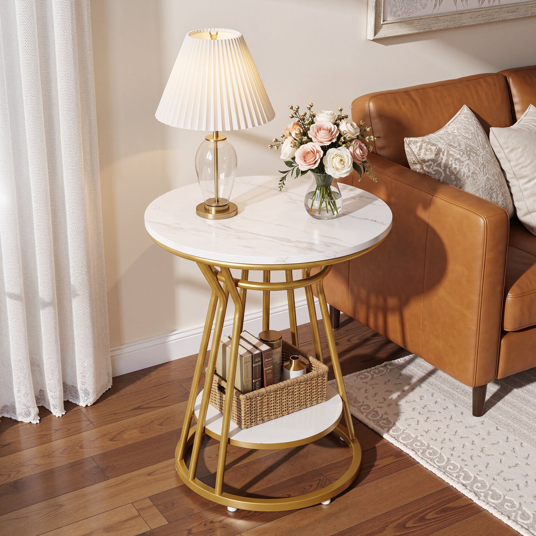 Round End Table, 2-Tier Accent Side Table with Faux Marble Veneer & Metal Frame