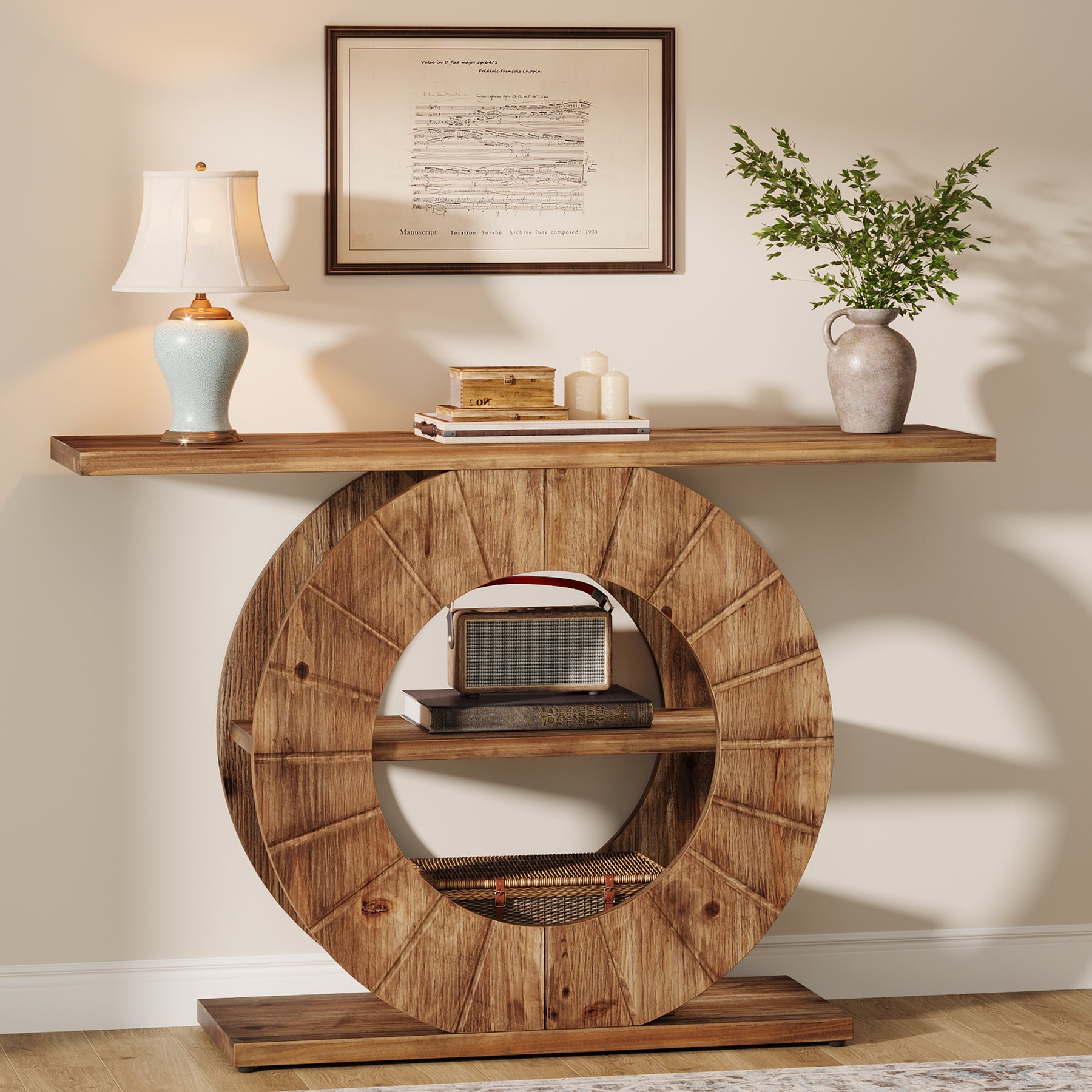 41" Solid Wood Farmhouse Console Table with 3-Tier Shelves, Narrow Sofa Table with Carved Circular Base