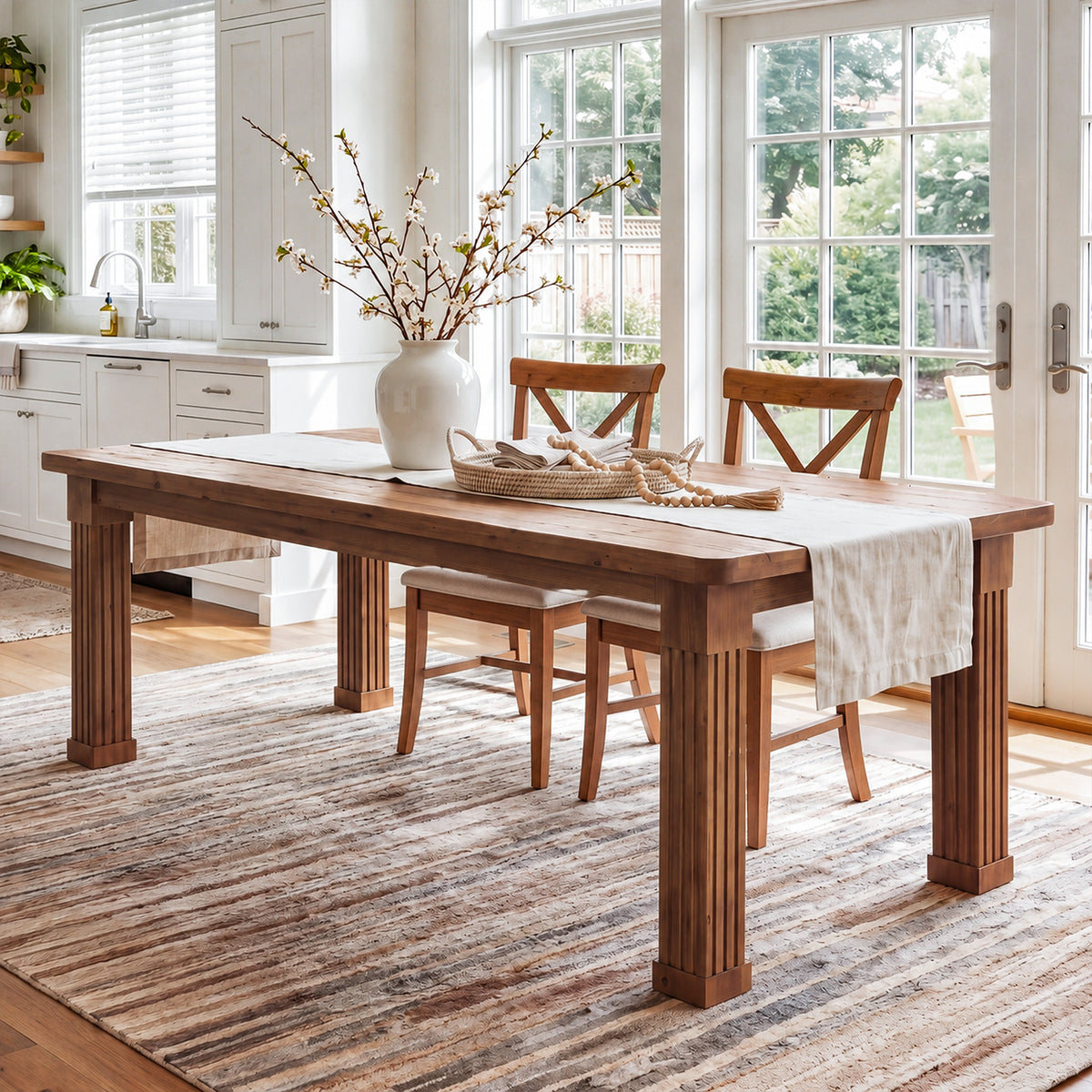 63" Farmhouse Solid Wood Dining Table for 4-6, Fluted Legs