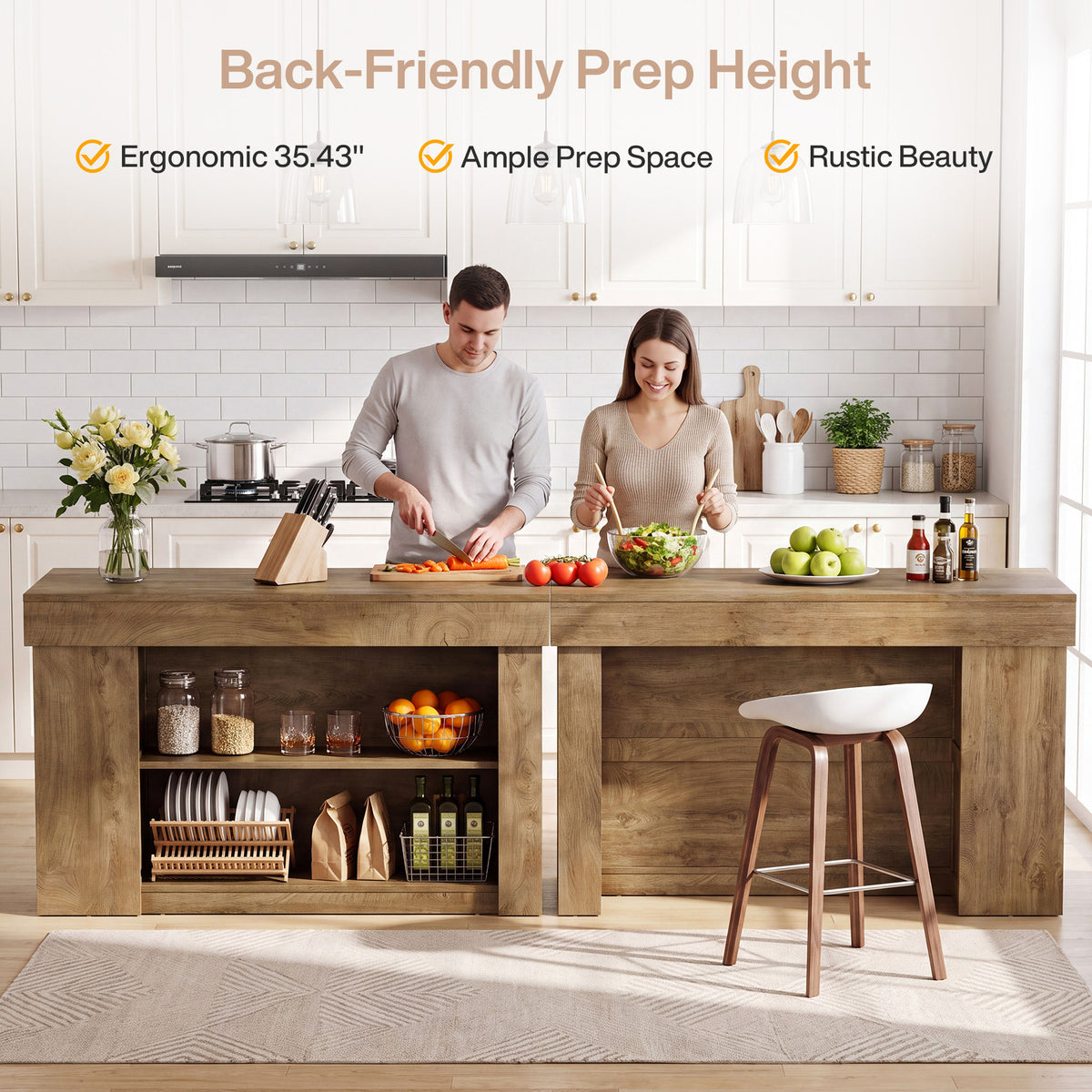 55" Kitchen Island with Storage Cabinet and Shelves, Farmhouse Bar Table for Kitchen
