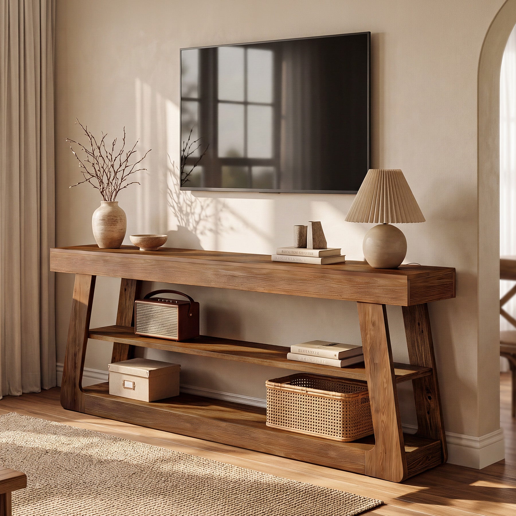 63" Solid Wood TV Stand, 3-Tier Storage Entertainment Center For Living Room