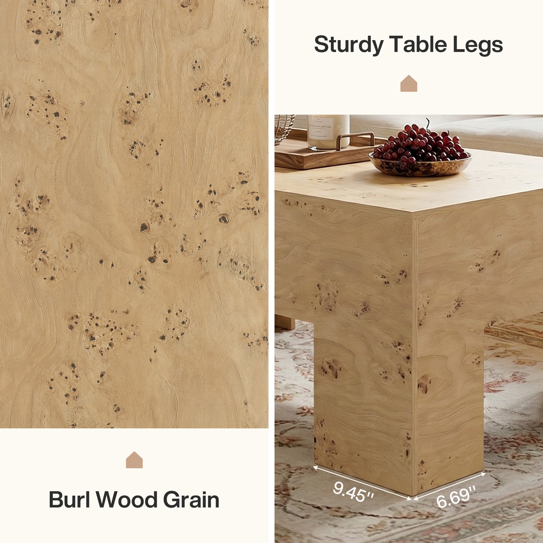 Tribesigns 55.12" Wood Coffee Table, Burl Veneer Center Table for Living Room