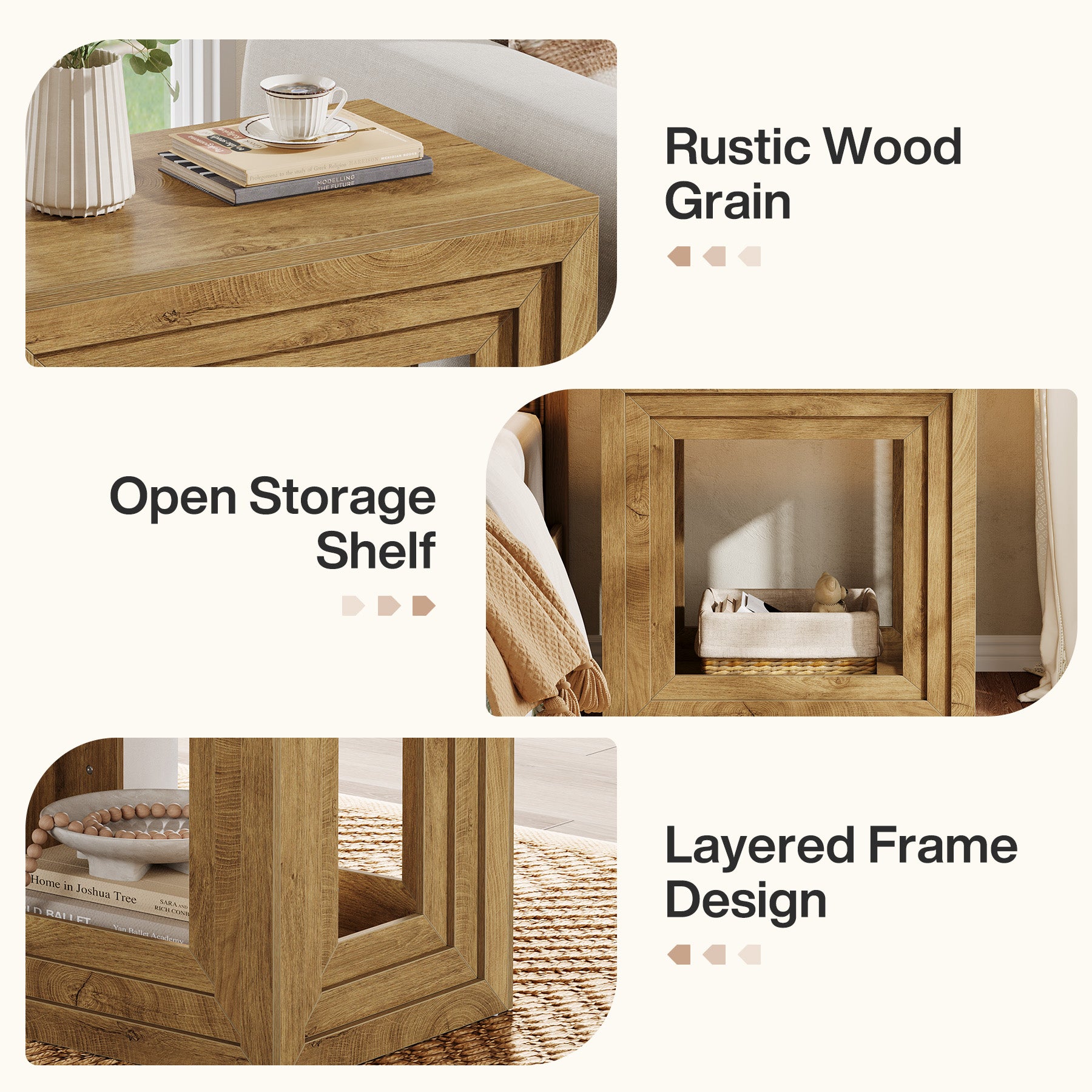 24” Square End Table, Farmhouse Side Table with 2-Tier Storage