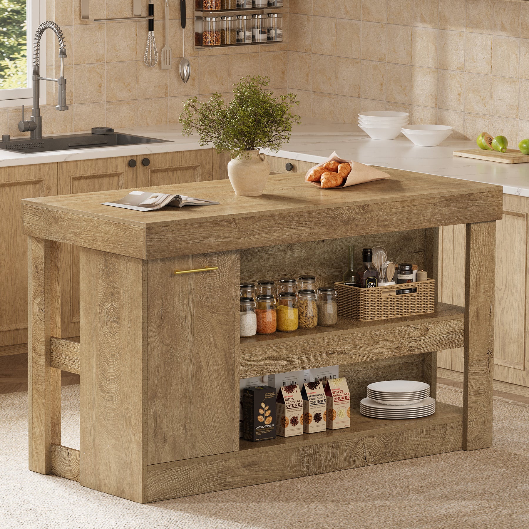 55" Kitchen Island with Trash Storage Cabinet, Farmhouse Island Table with 2-Tier Shelf