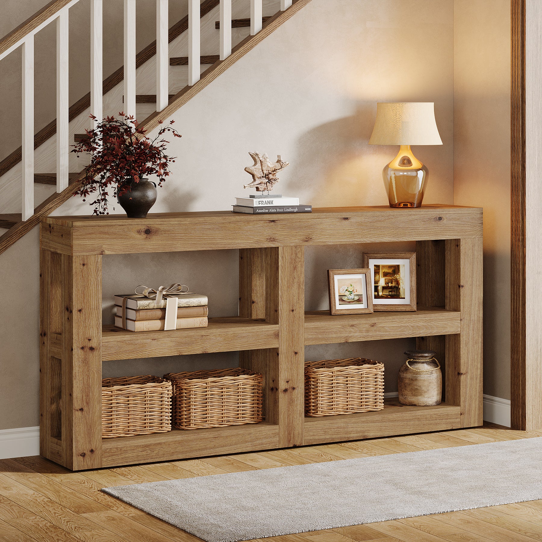 63" Solid Wood Console Table with Storage, 3-Tier Farmhouse Entryway & Sofa Table with Open Shelves