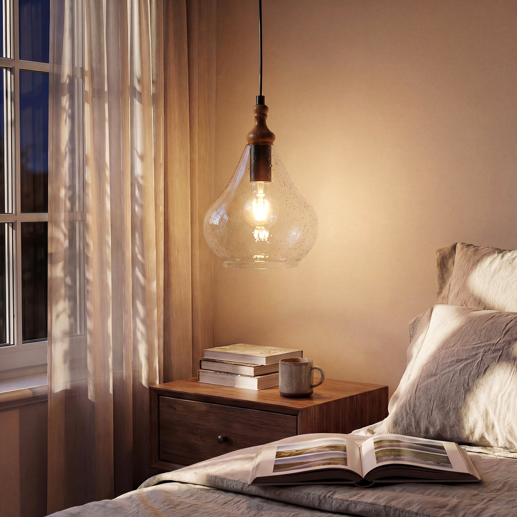Farmhouse Teardrop Pendant Light, Adjustable Hanging Light Fixture with Seeded Glass Shade