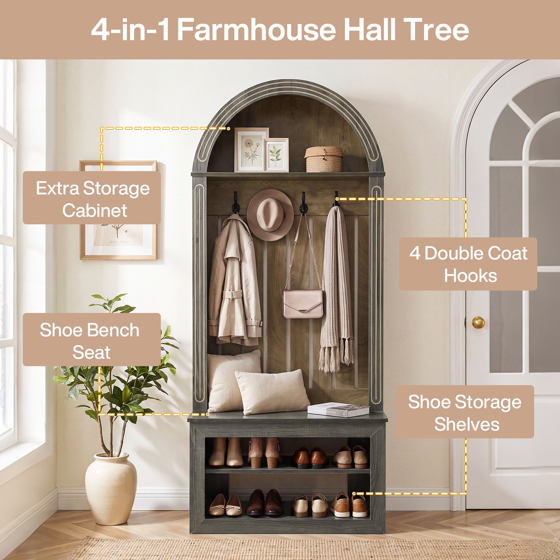 71" Hall Tree with Bench & Shoe Storage, Farmhouse Entryway Coat Rack, 4 Hooks, Open Shelf