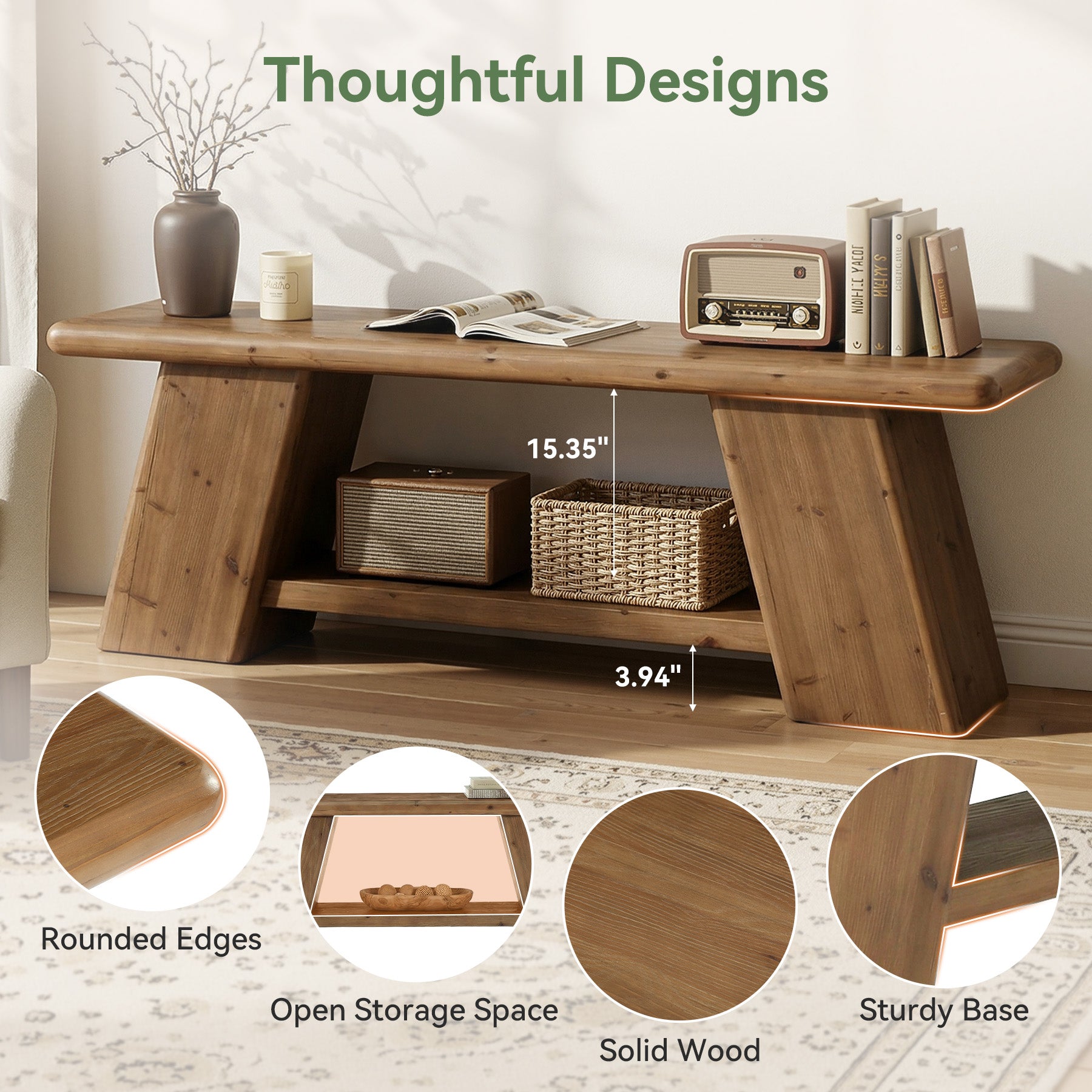 63" Solid Wood Console Table with Storage Shelf, Farmhouse Sofa Table for Behind Couch or Entryway