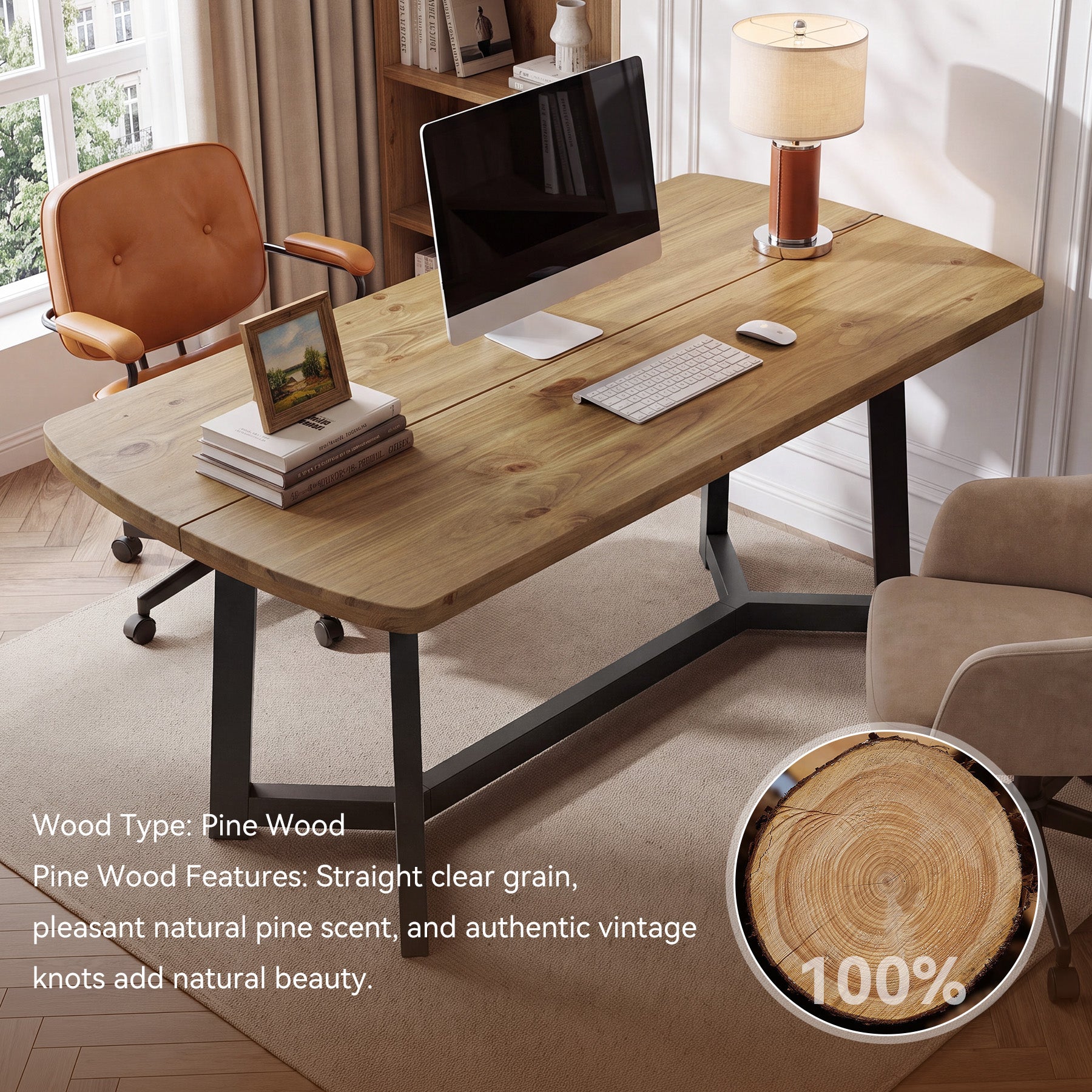 63" Modern Executive Desk, Solid Pine Wood Computer Desk for Home Office