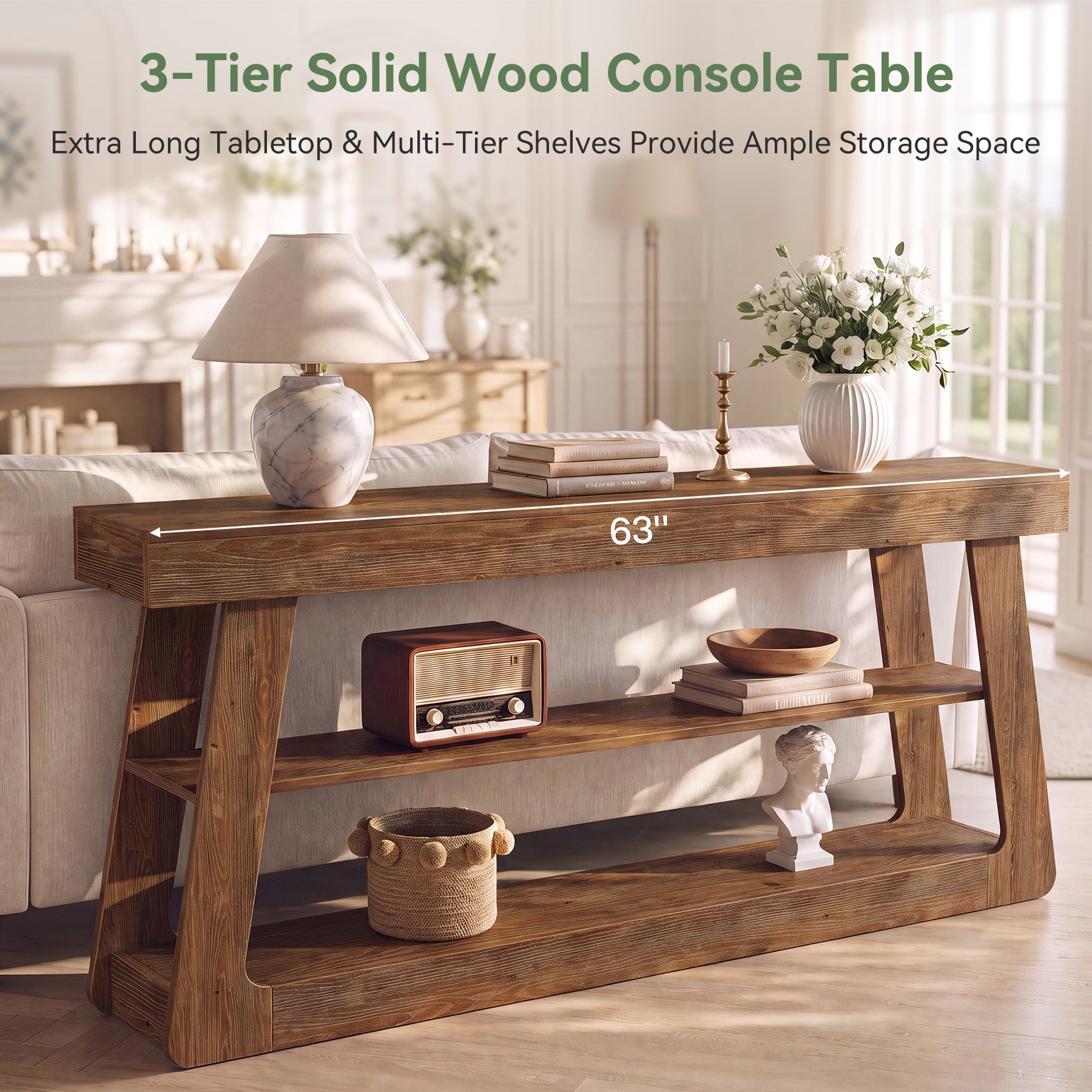 63" Solid Wood Console Table, 3-Tier Sofa Entryway Table with A-Shaped Frame for Hallway