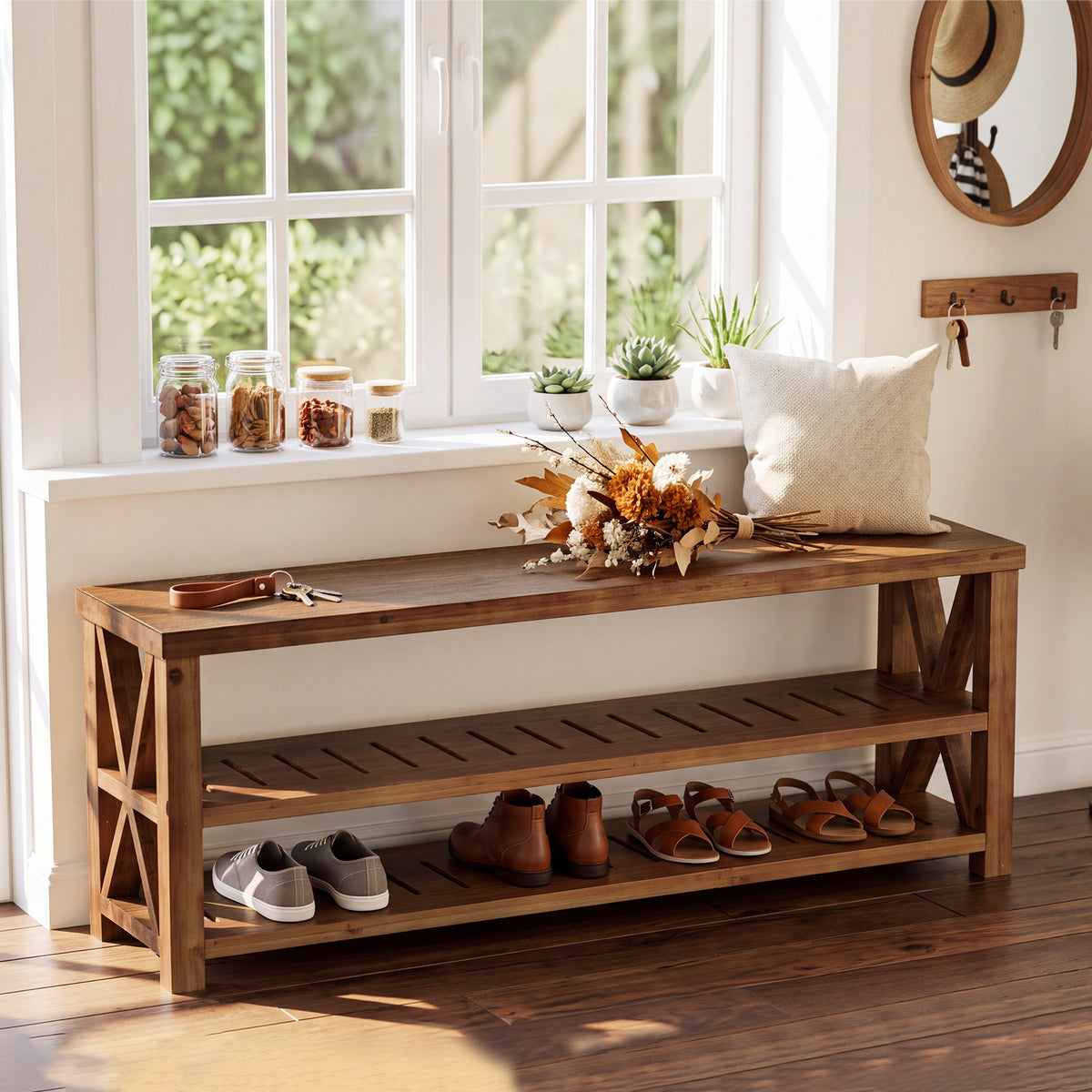 55" Solid Wood Entryway Bench, Farmhouse Shoe Bench with 3-Tier Storage for Living Room, Hallway