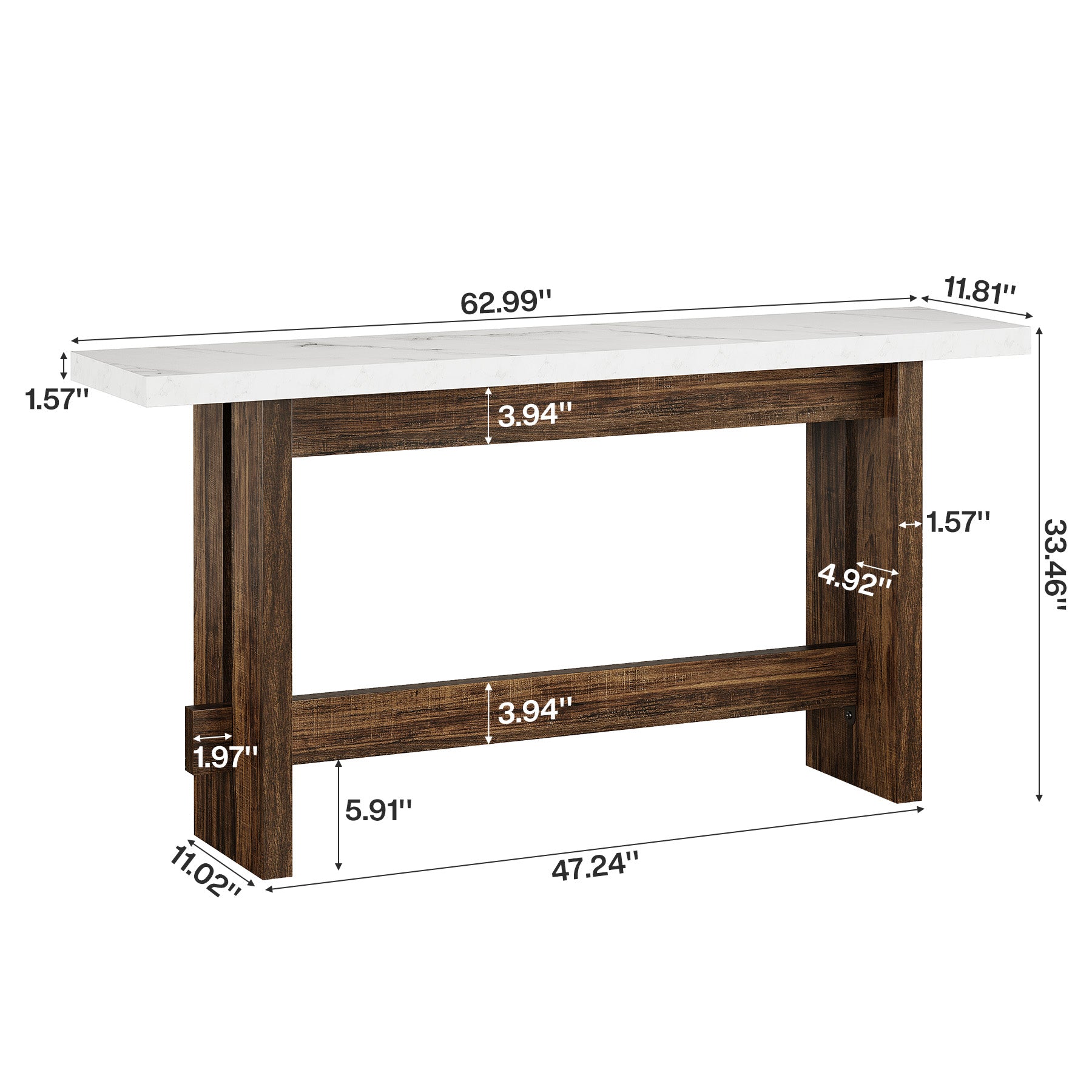 63" Farmhouse Console Table with Faux Marble Top, Narrow Sofa & Entryway Table for Behind Couch
