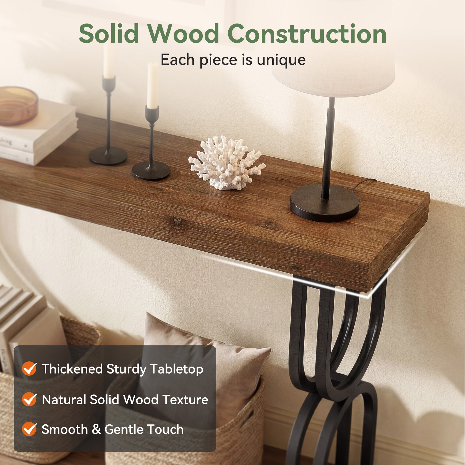 59" Solid Wood Console Table, Narrow Sofa Table with Metal U-Shaped Legs, Industrial Entryway Table for Hallway & Living Room