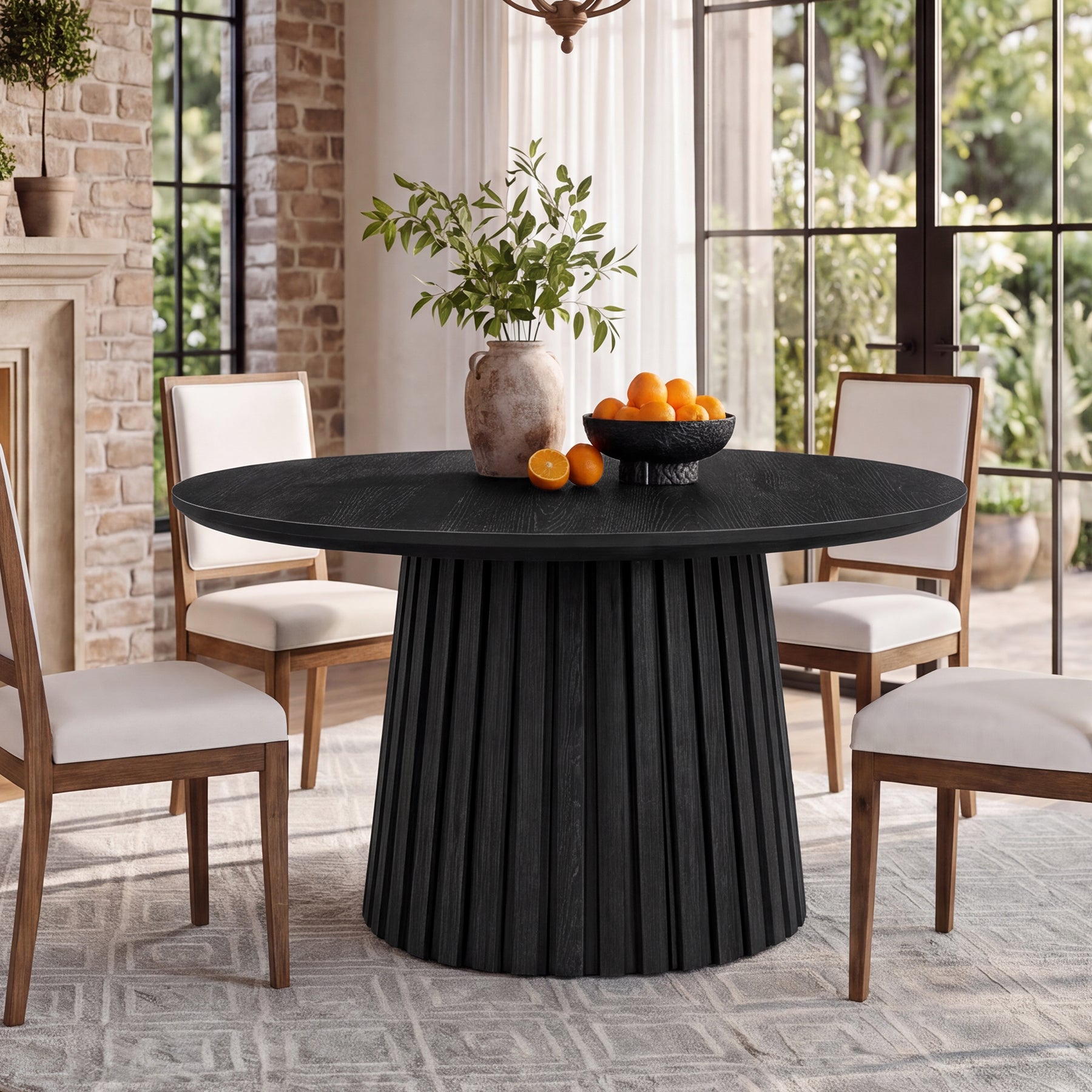 47.3-Inch Solid Wood Round Dining Table, Fluted Base Table for 4-6 People Dining Room