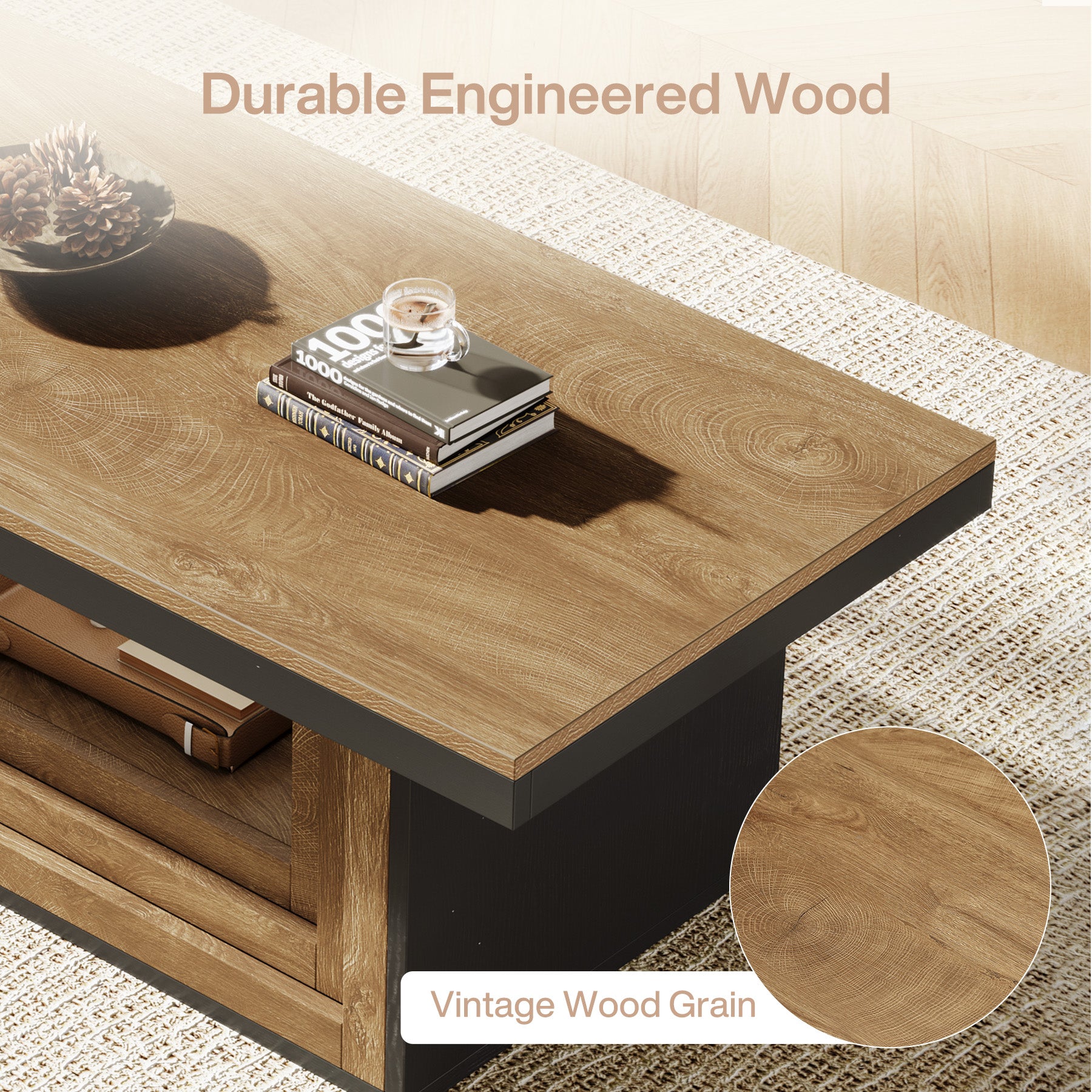 47" Rectangle Coffee Table, Pedestal Center Table Tea Table for Living Room