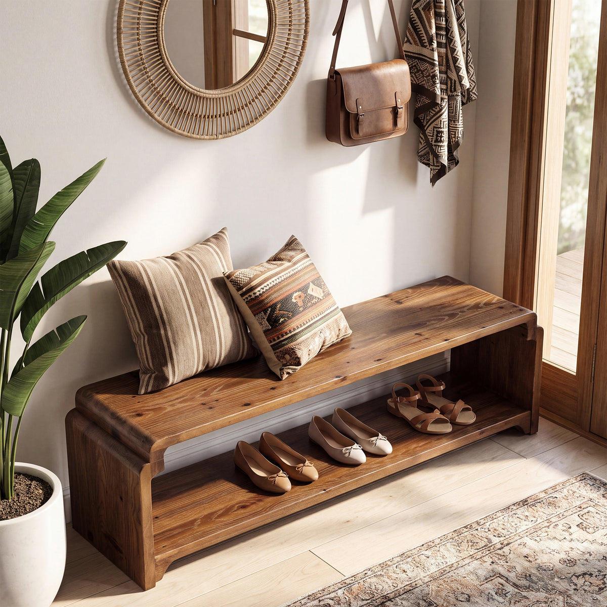 55.12" Solid Wood Entryway Shoe Bench with Storage, Farmhouse Storage Bench for Hallway