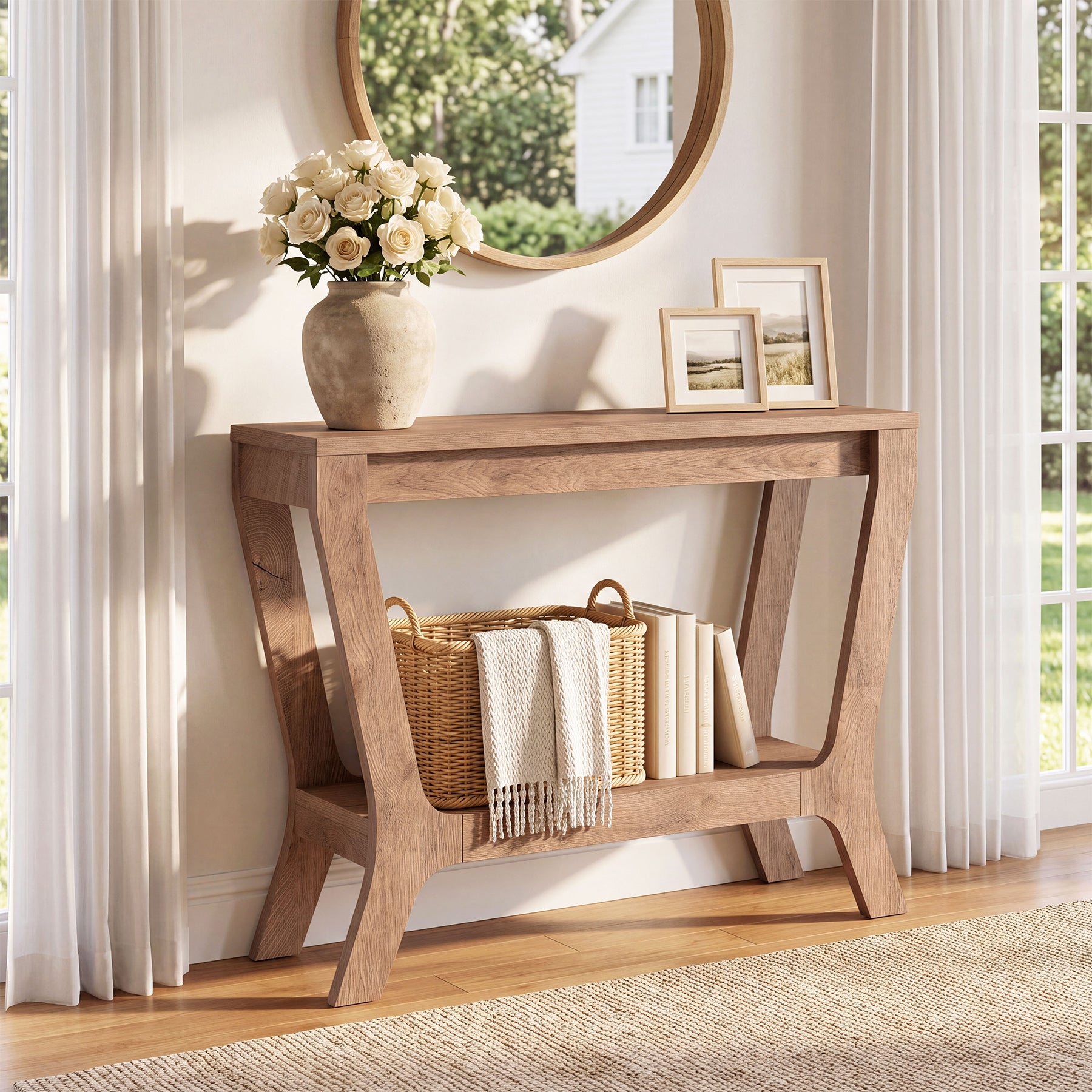 41" Rectangular Console Table, Farmhouse Entryway Table with 2-Tier Storage