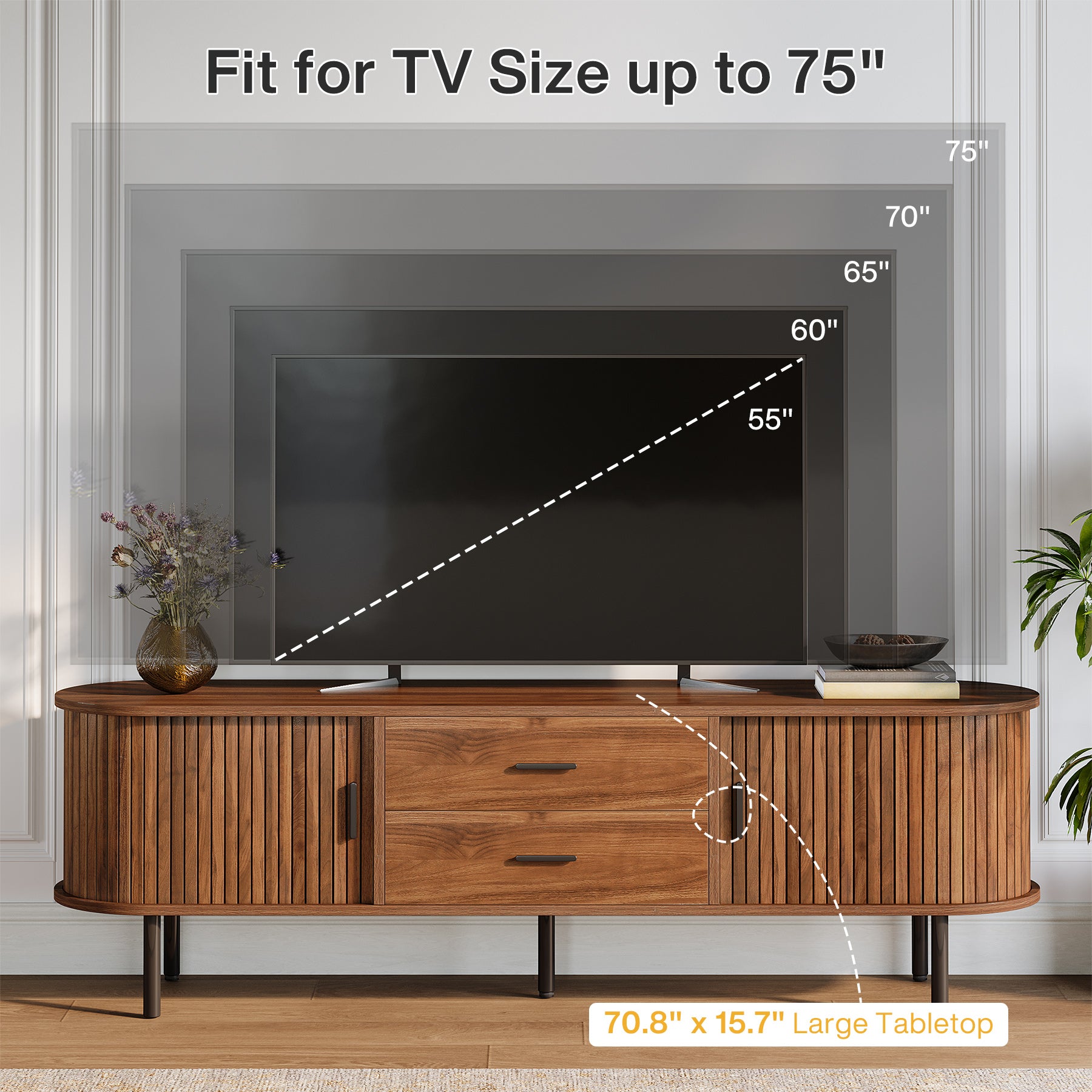 70" TV Stand, Modern Media Console with Storage and Sliding Tambour Door
