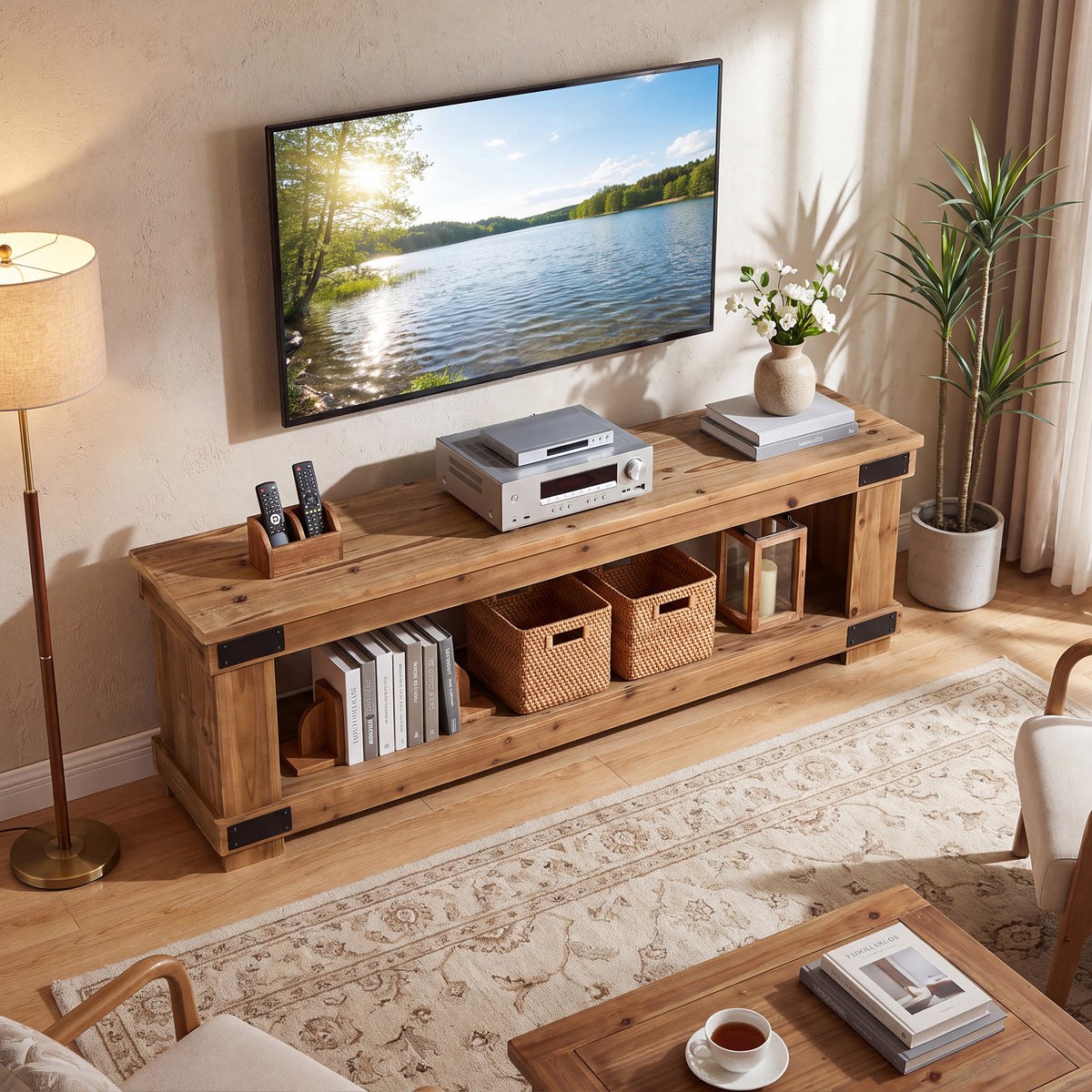 63" Industrial TV Stand, 2-Tier Open Shelf, Solid Wood for 75" TV