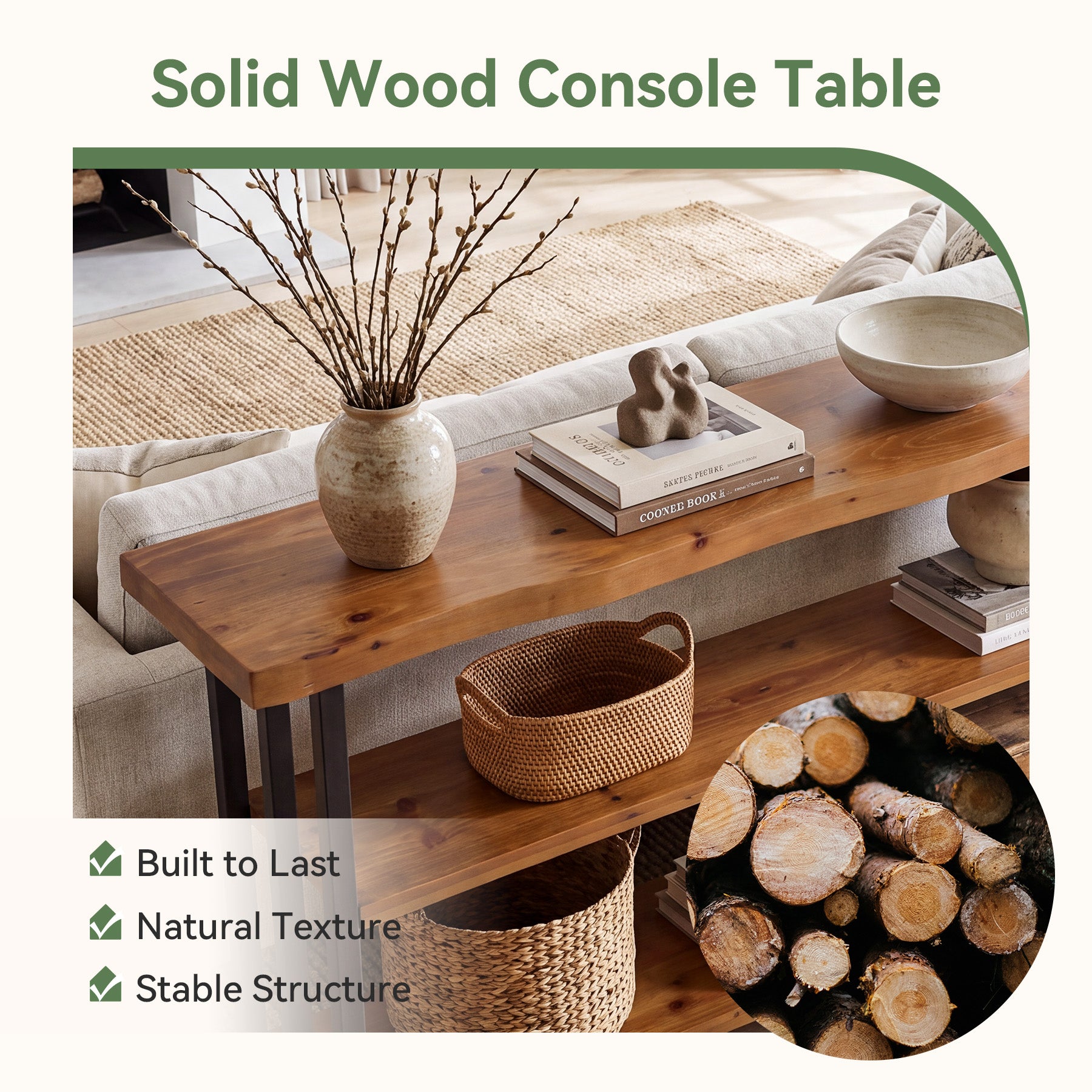63" Live Edge Console Table, Farmhouse Solid Wood 3-Tier Shelves