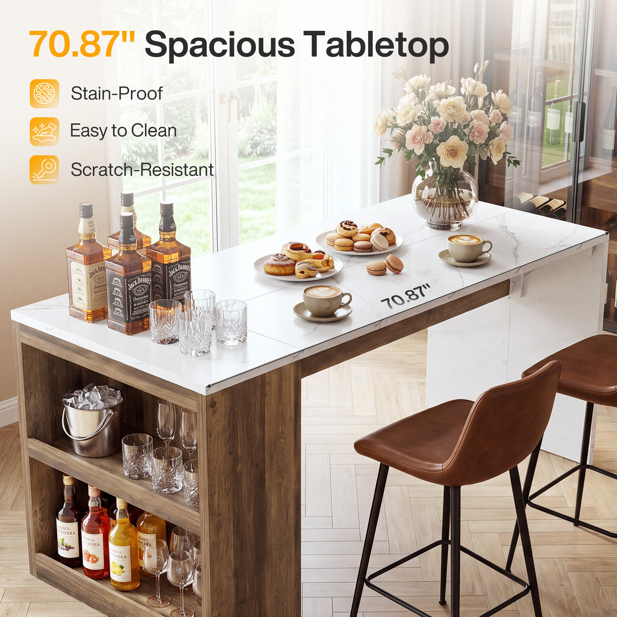 71" Bar Table, Farmhouse Counter Height Pub Table with Two Side Shelves for Bistro, Kitchen