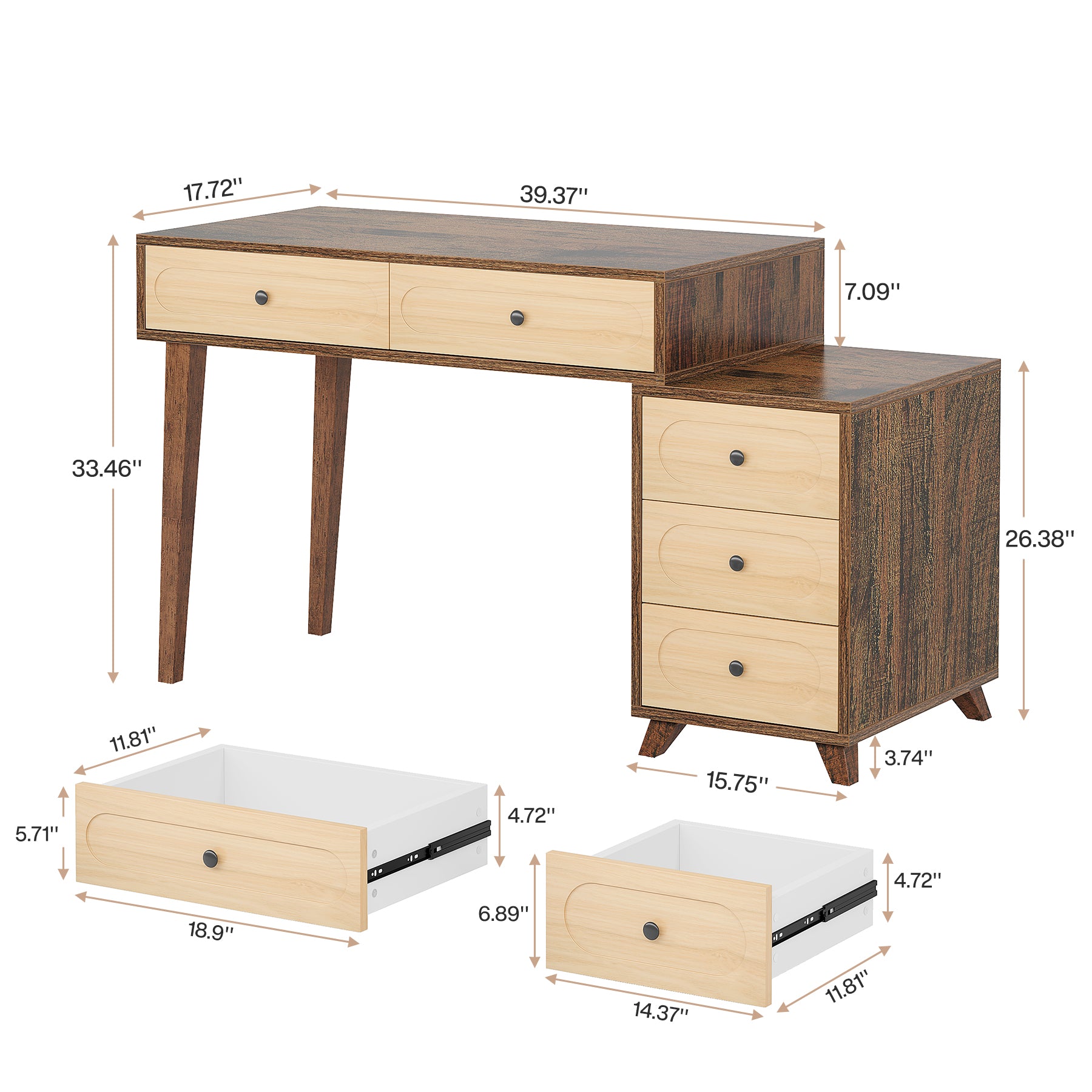 5 Drawers Computer Desk, 51" Study Writing Table with Reversible Drawer Cabinet